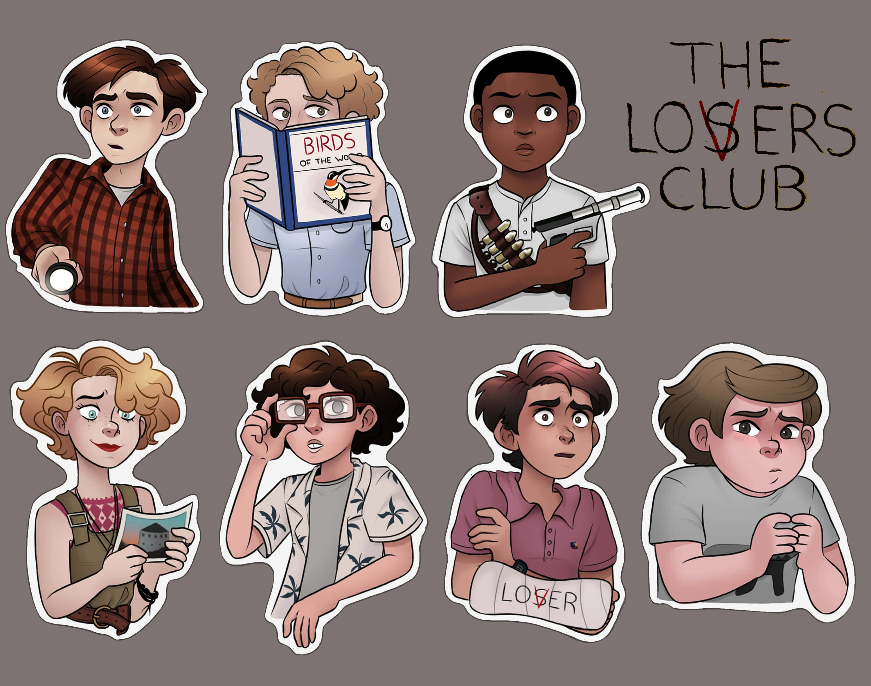 The Losers Club, Seven illustrated characters, plain gray background, 2K Desktop Wallpaper