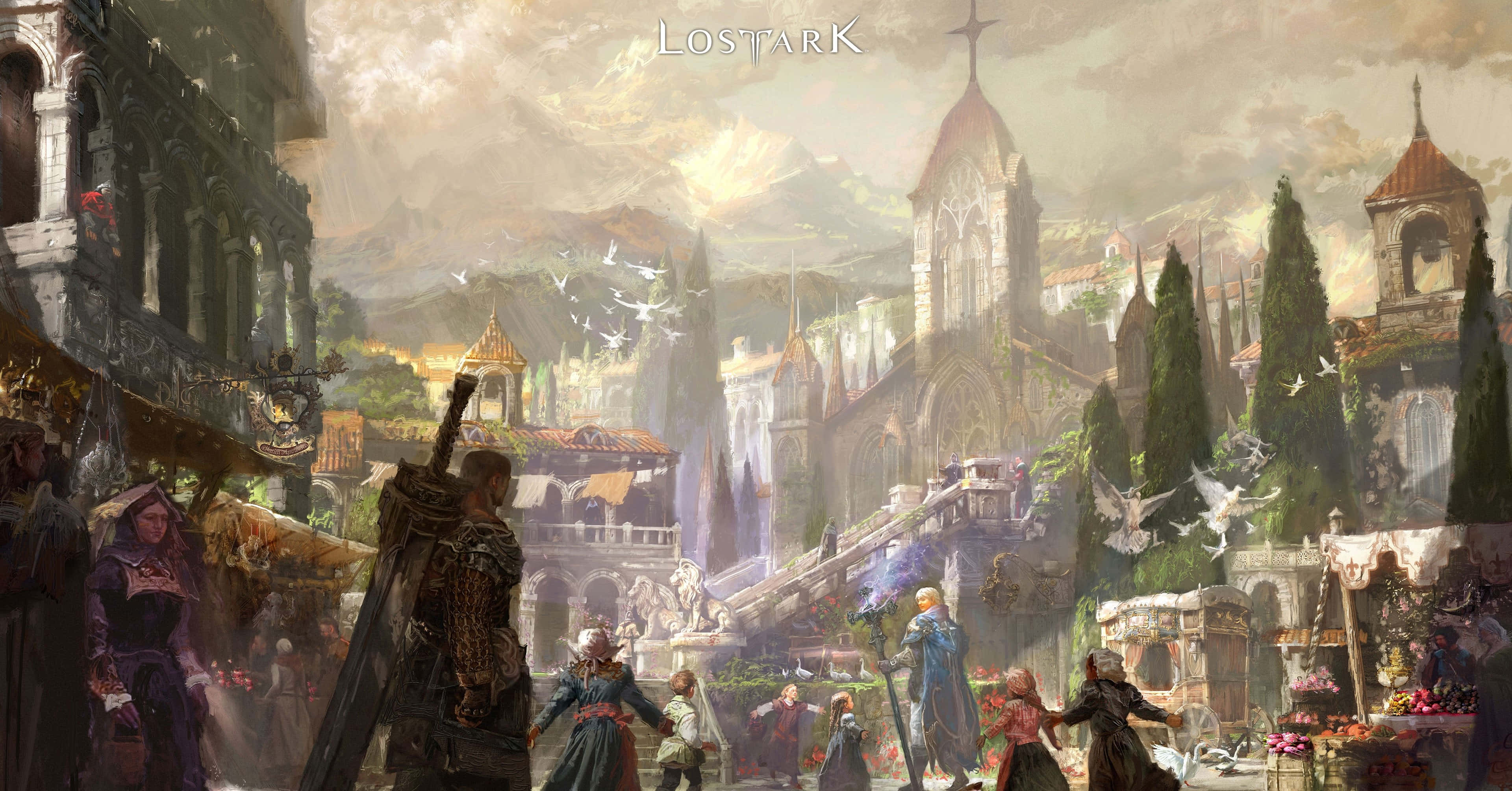Lost Ark Game, gothic architecture, flying birds, 4K Desktop Wallpaper