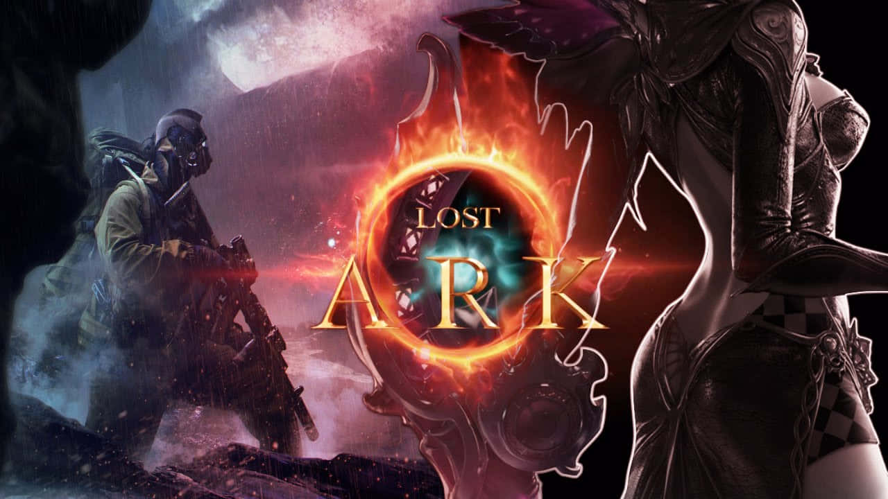 Lost Ark Game, glowing fiery logo, stormy mountain backdrop, HD Desktop Wallpaper