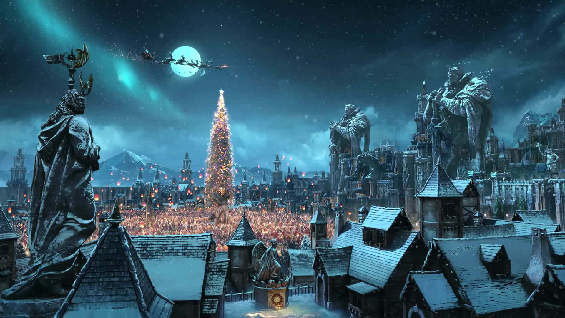 Lost Ark Game, snowy fantasy city, giant glowing Christmas tree, Full HD Desktop Wallpaper