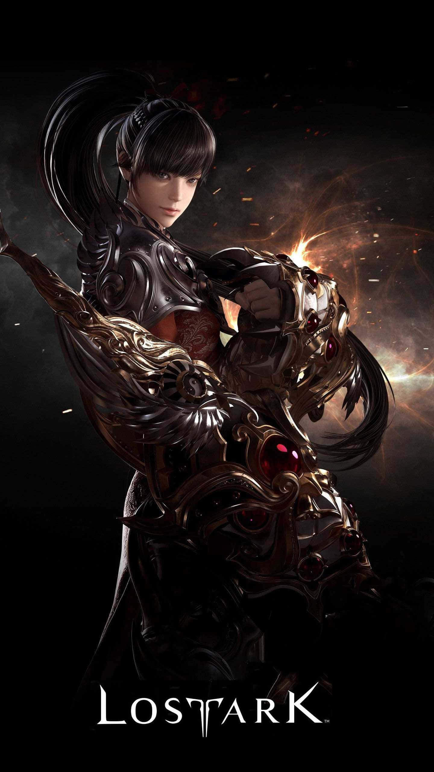 Lost Ark Game, dark-haired warrior, ornate black armor, 2K Phone Wallpaper