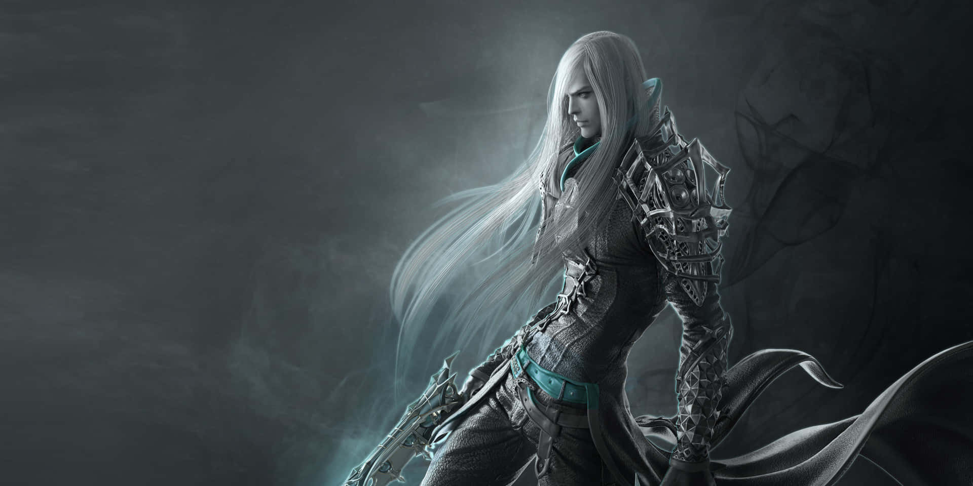 Lost Ark Game, long silver hair, glowing teal accents, Full HD Desktop Wallpaper