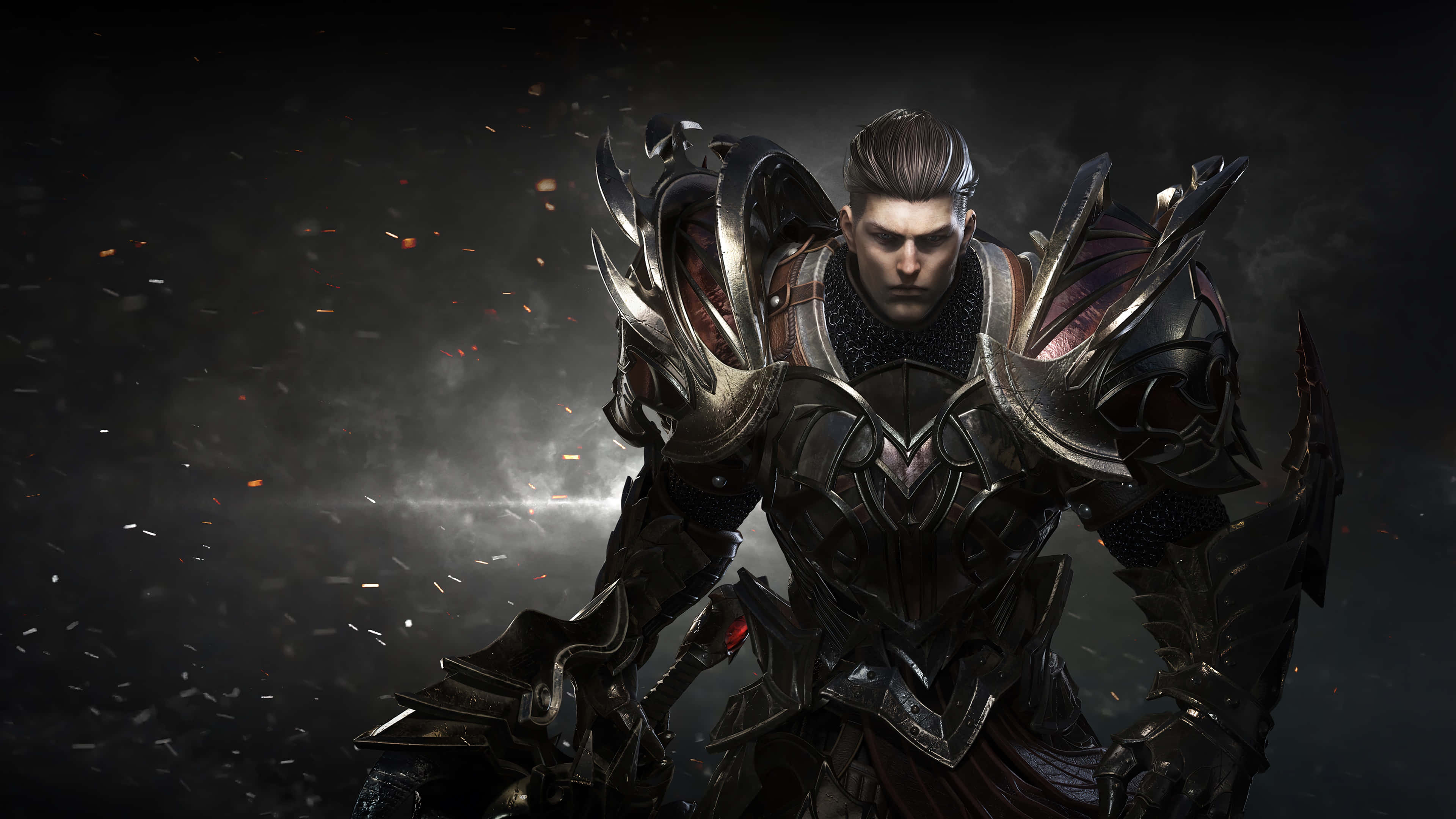 Lost Ark Game, dark-armored warrior, glowing red eyes, 4K Desktop Wallpaper