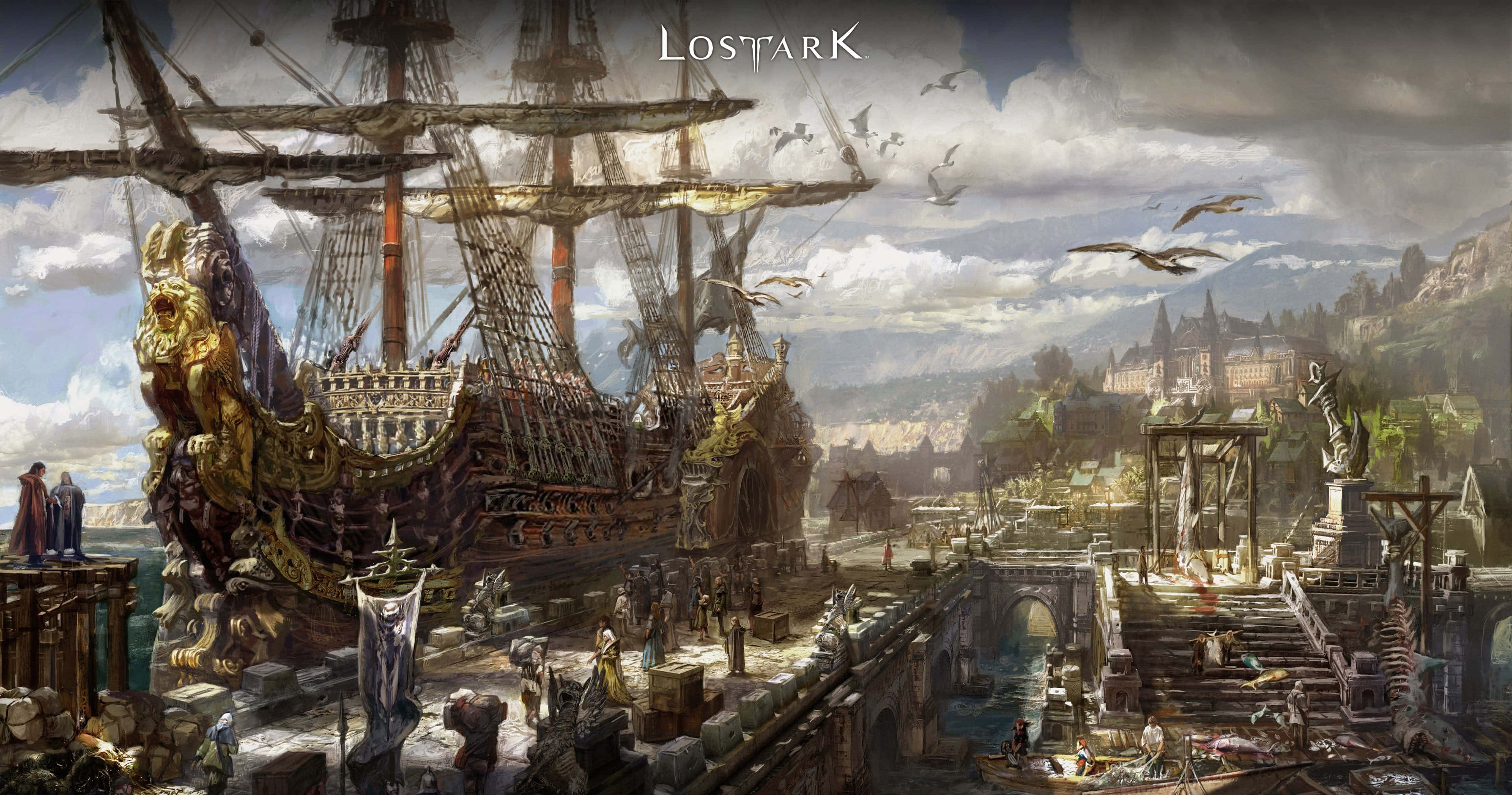 Lost Ark Game, golden dragon prow, bustling medieval port, 4K Desktop Wallpaper