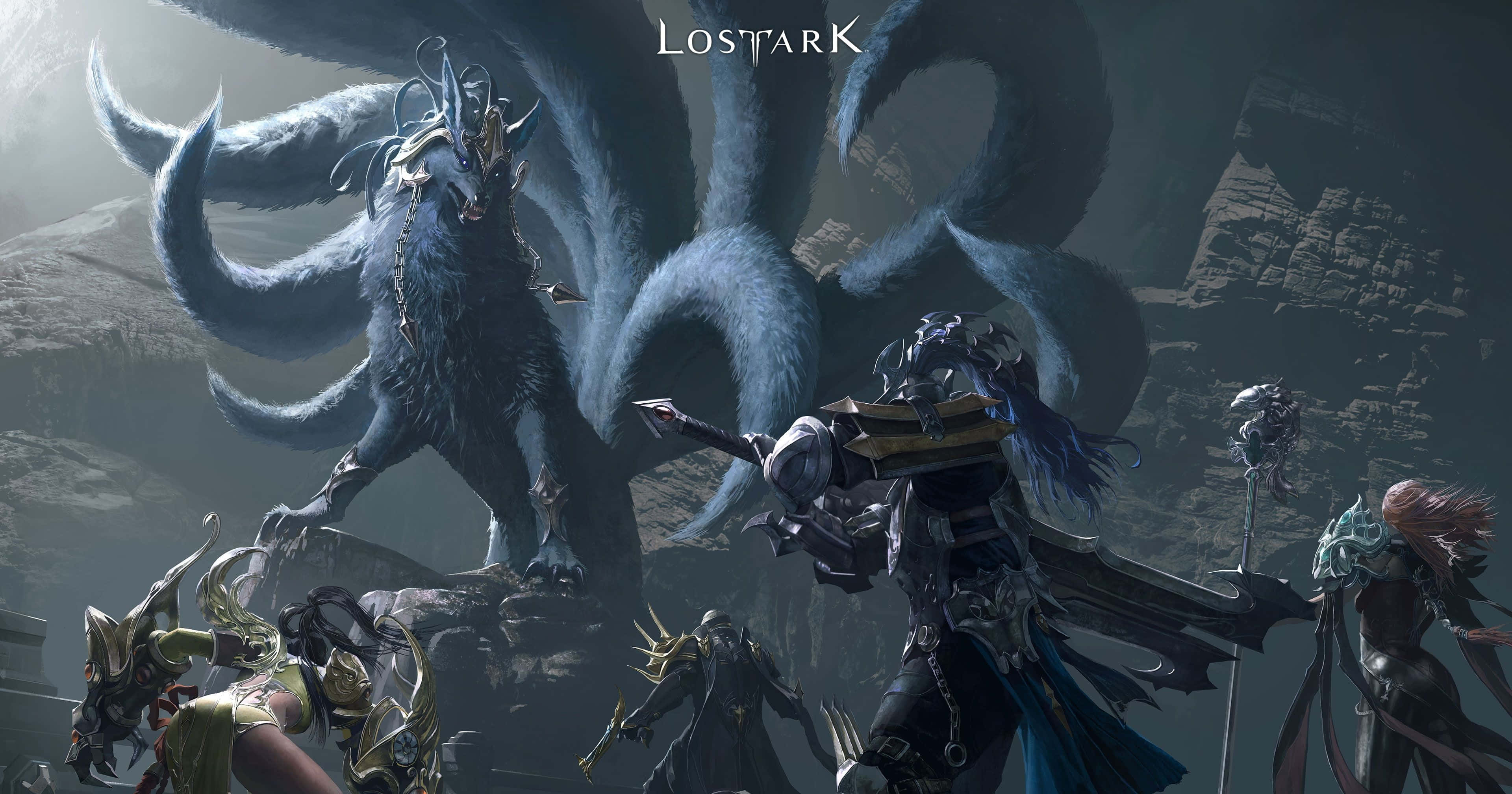 Lost Ark Game, armored adventurers, massive multi-tailed blue dragon, 4K Desktop Wallpaper