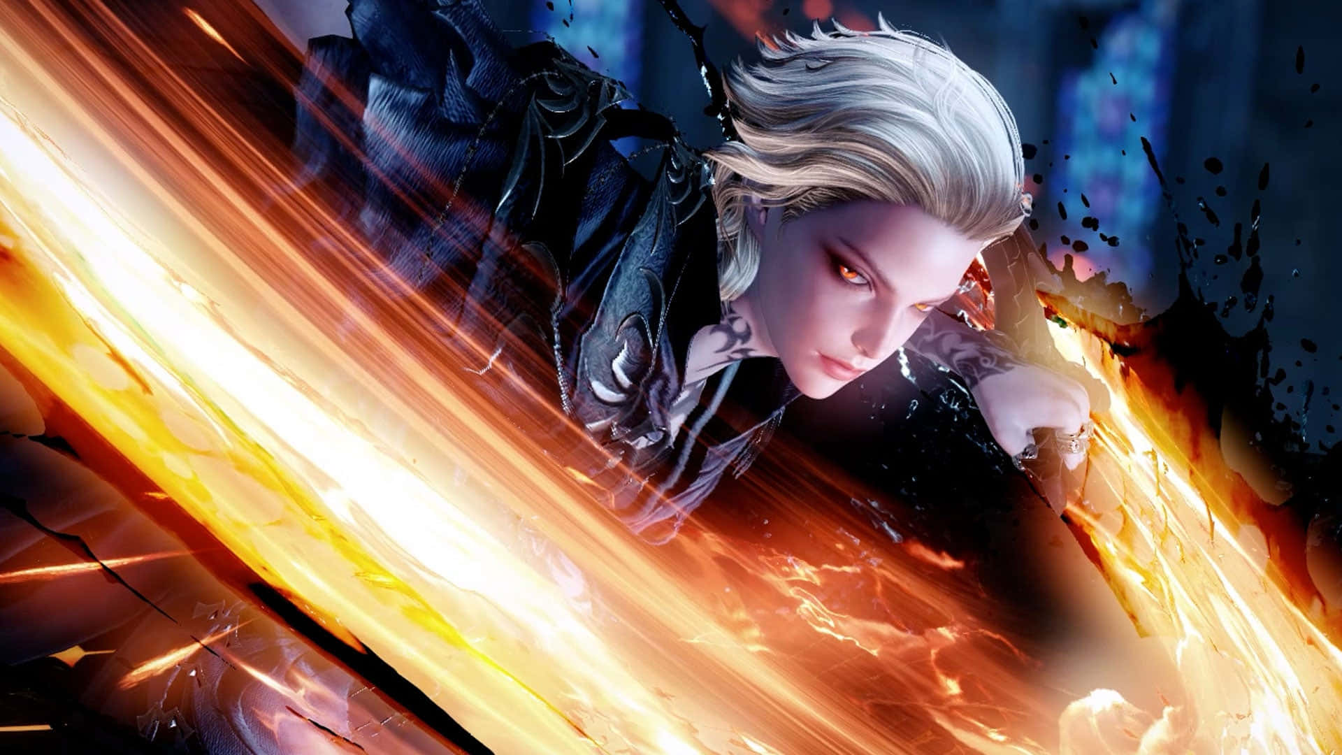 Lost Ark Game, silver-haired anime warrior, fiery energy, Full HD Desktop Wallpaper