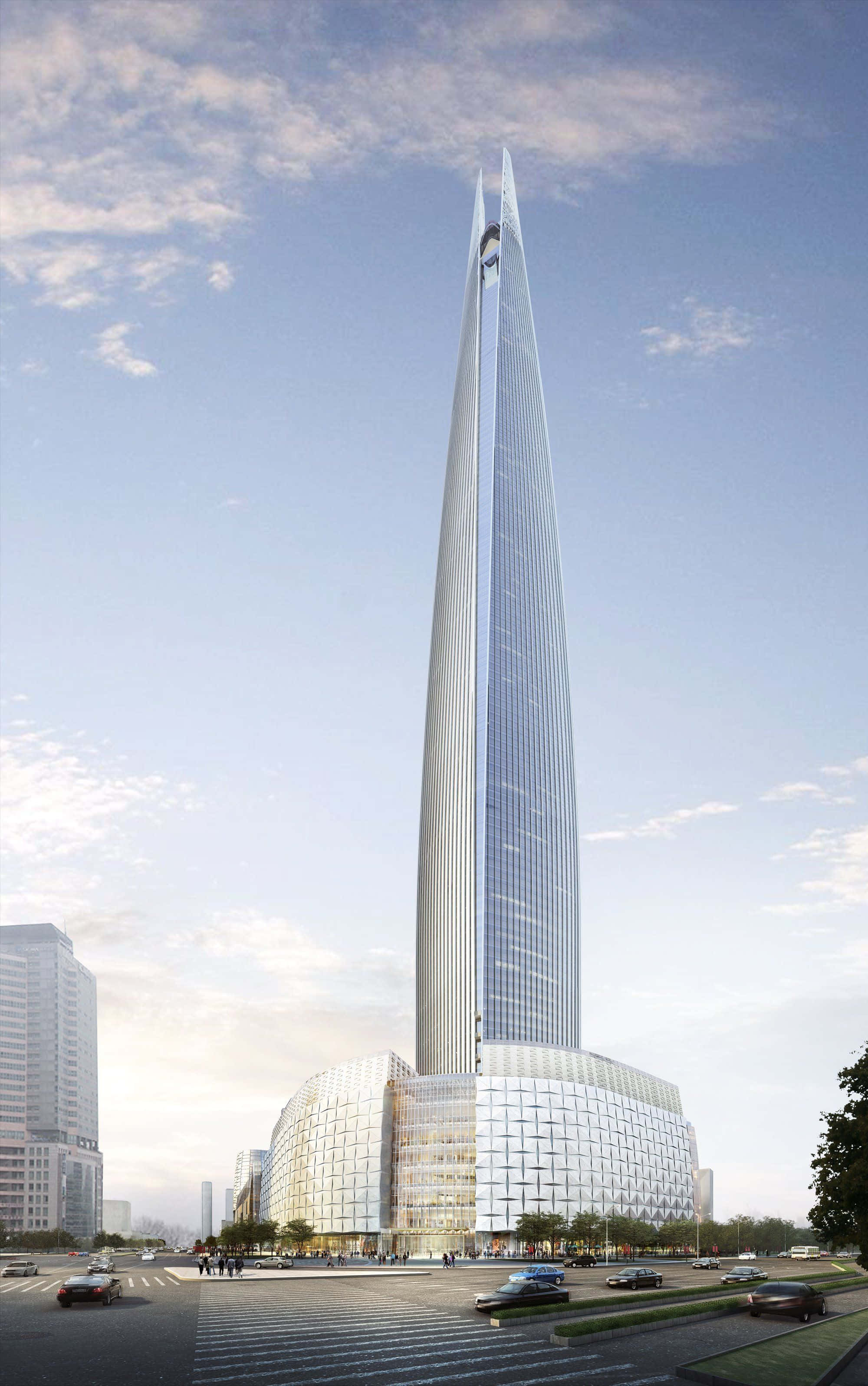 Lotte World Tower, silver spire, clear blue sky, 2K Phone Wallpaper