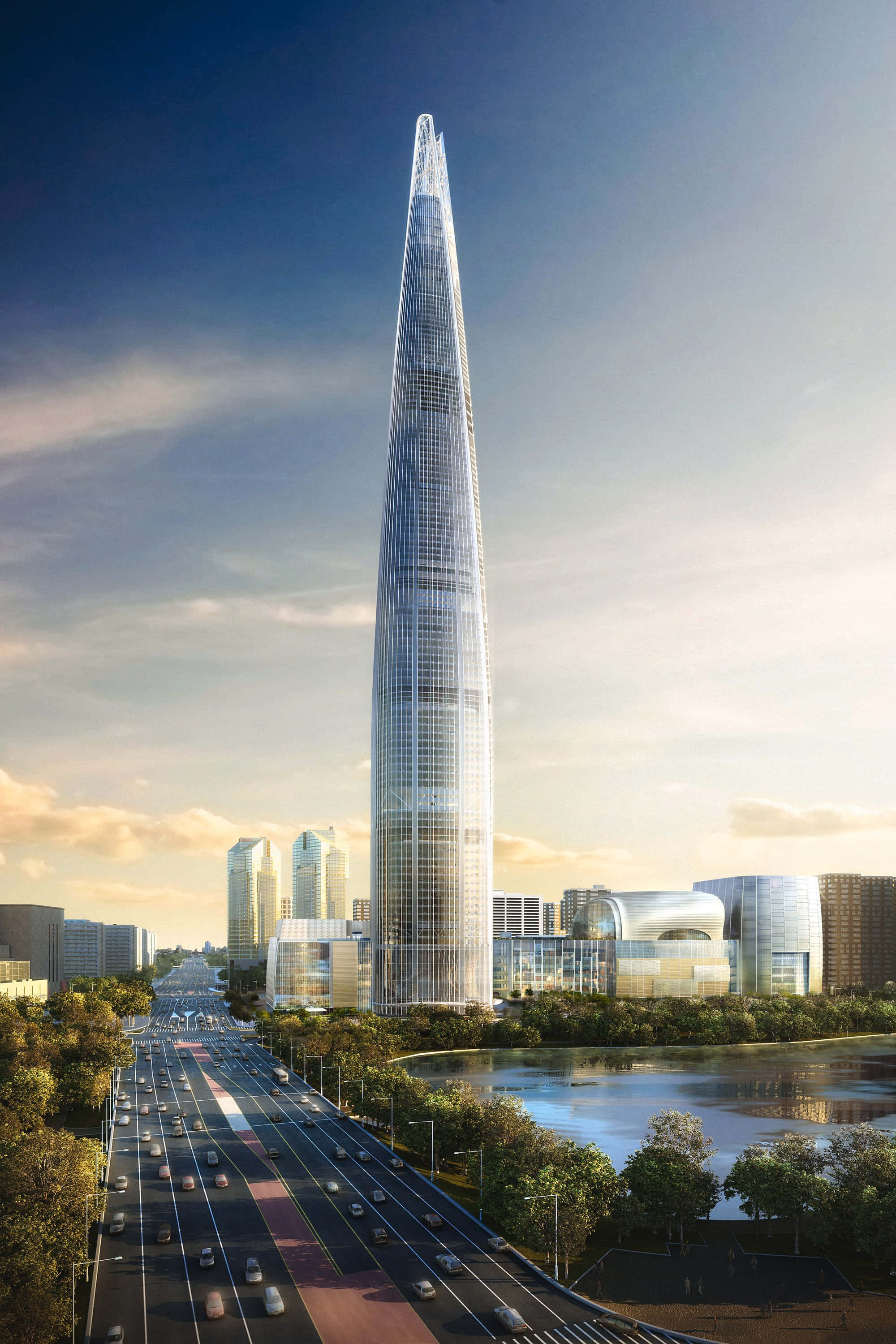 Lotte World Tower, sunrise view, golden light, 2K Phone Wallpaper
