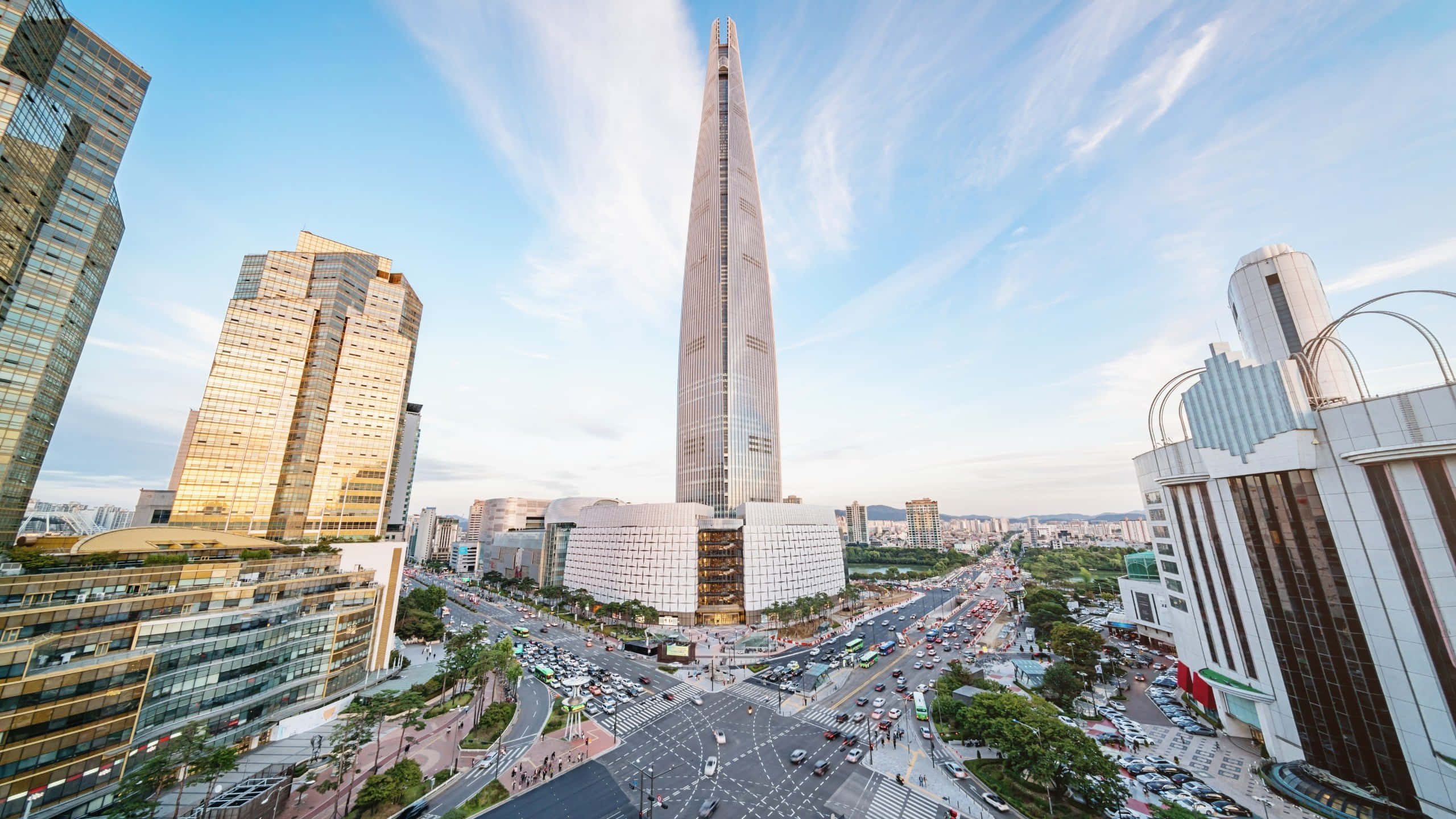 Lotte World Tower, skyline view, bright blue sky, 2K Desktop Wallpaper