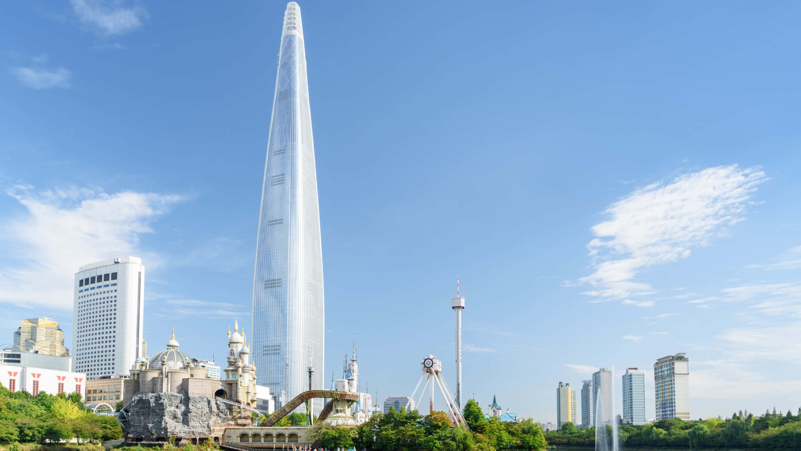 Lotte World Tower, skyline, white skyscraper, 2K Desktop Wallpaper