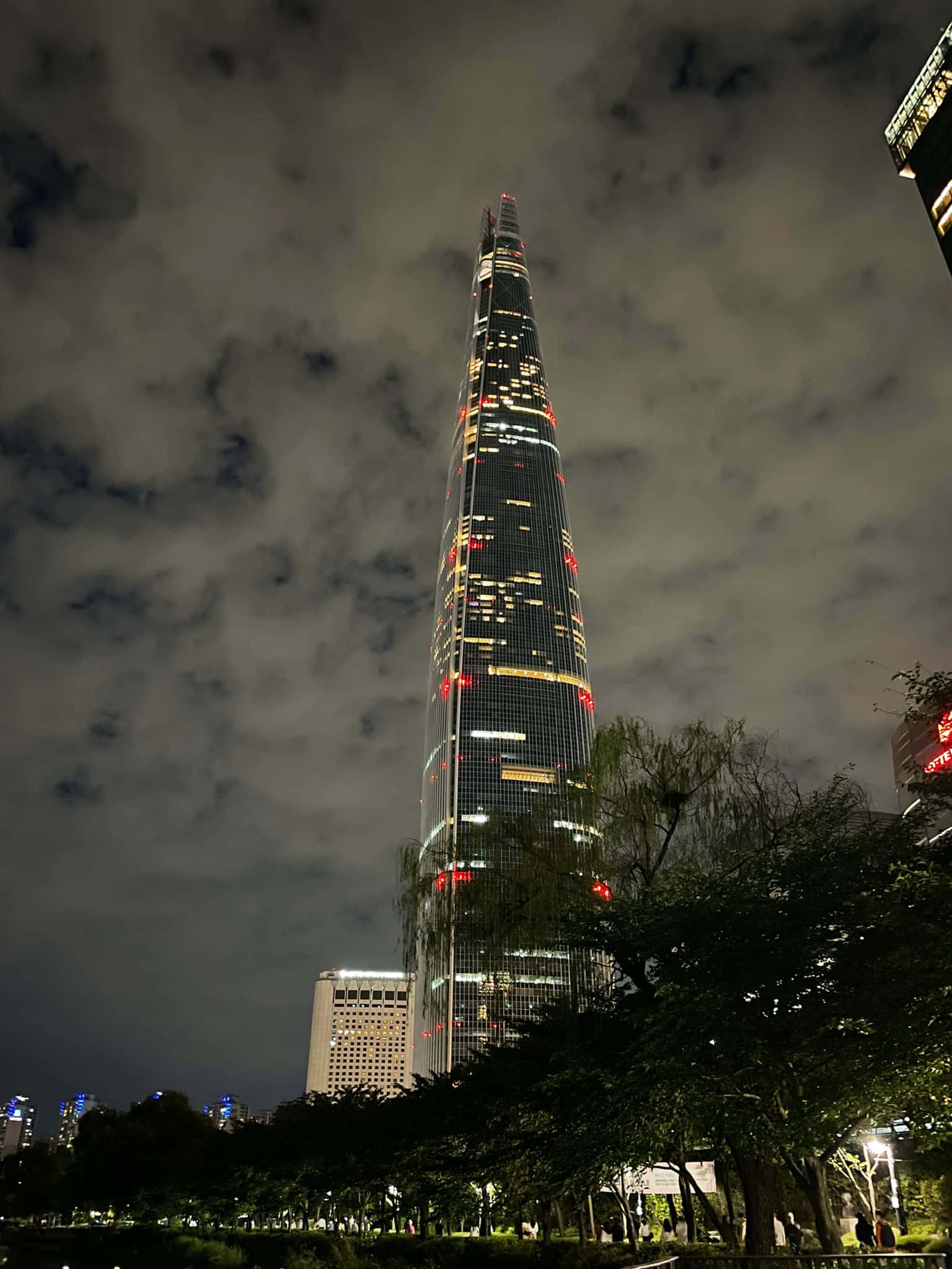 Lotte World Tower, night view, cloudy night sky, Full HD Phone Wallpaper