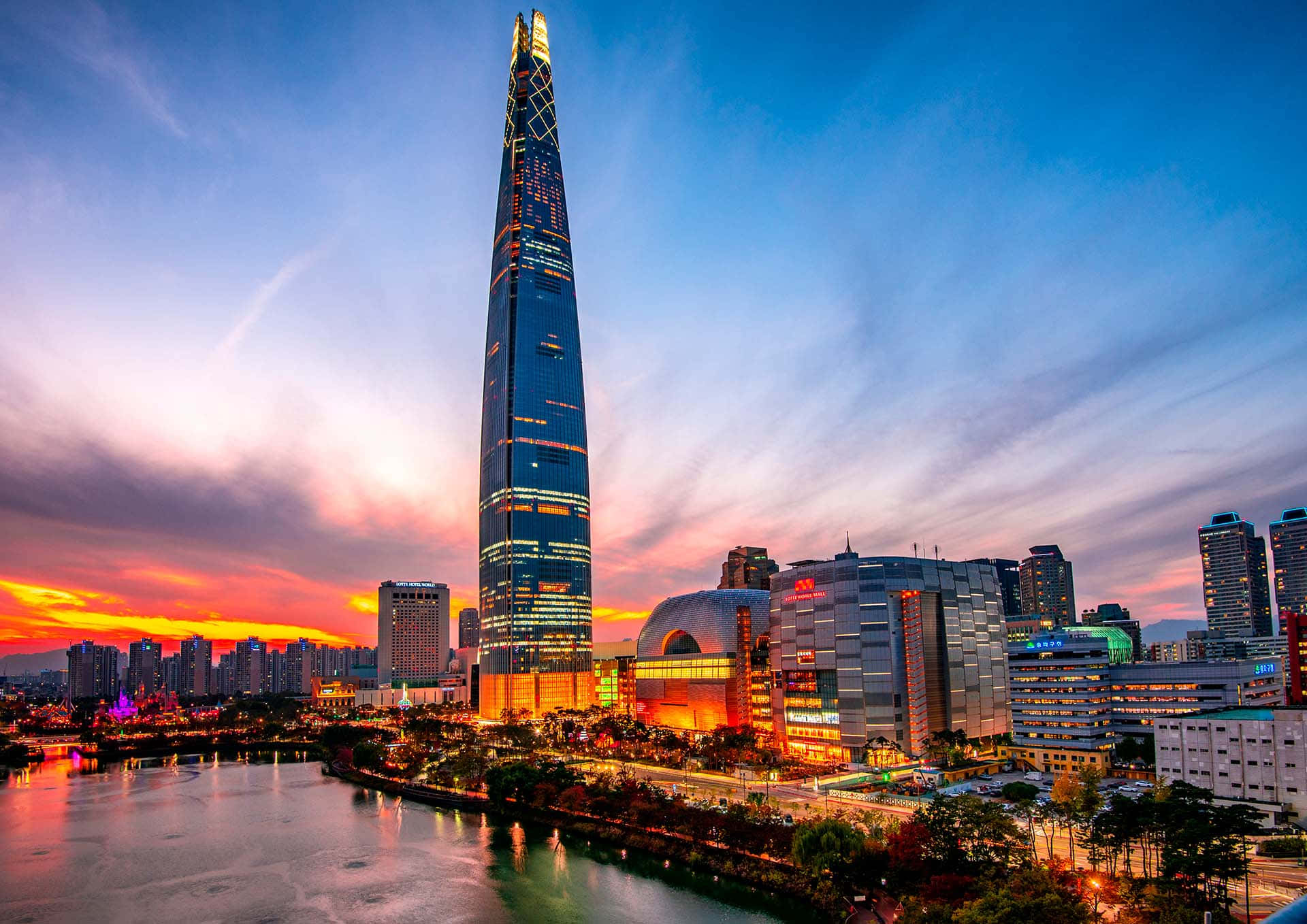 Lotte World Tower, sunset, skyline, Full HD Desktop Wallpaper