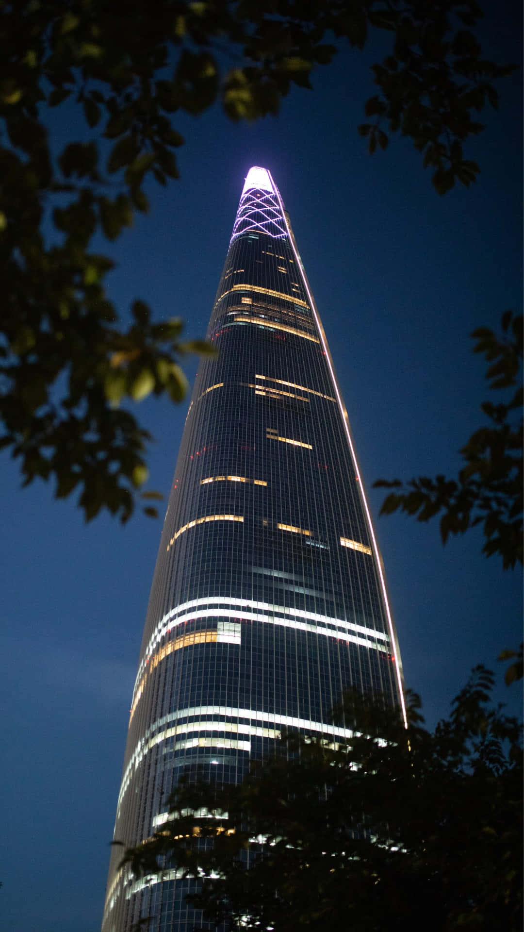 Lotte World Tower, purple and white lights, deep blue night sky, Full HD Phone Wallpaper