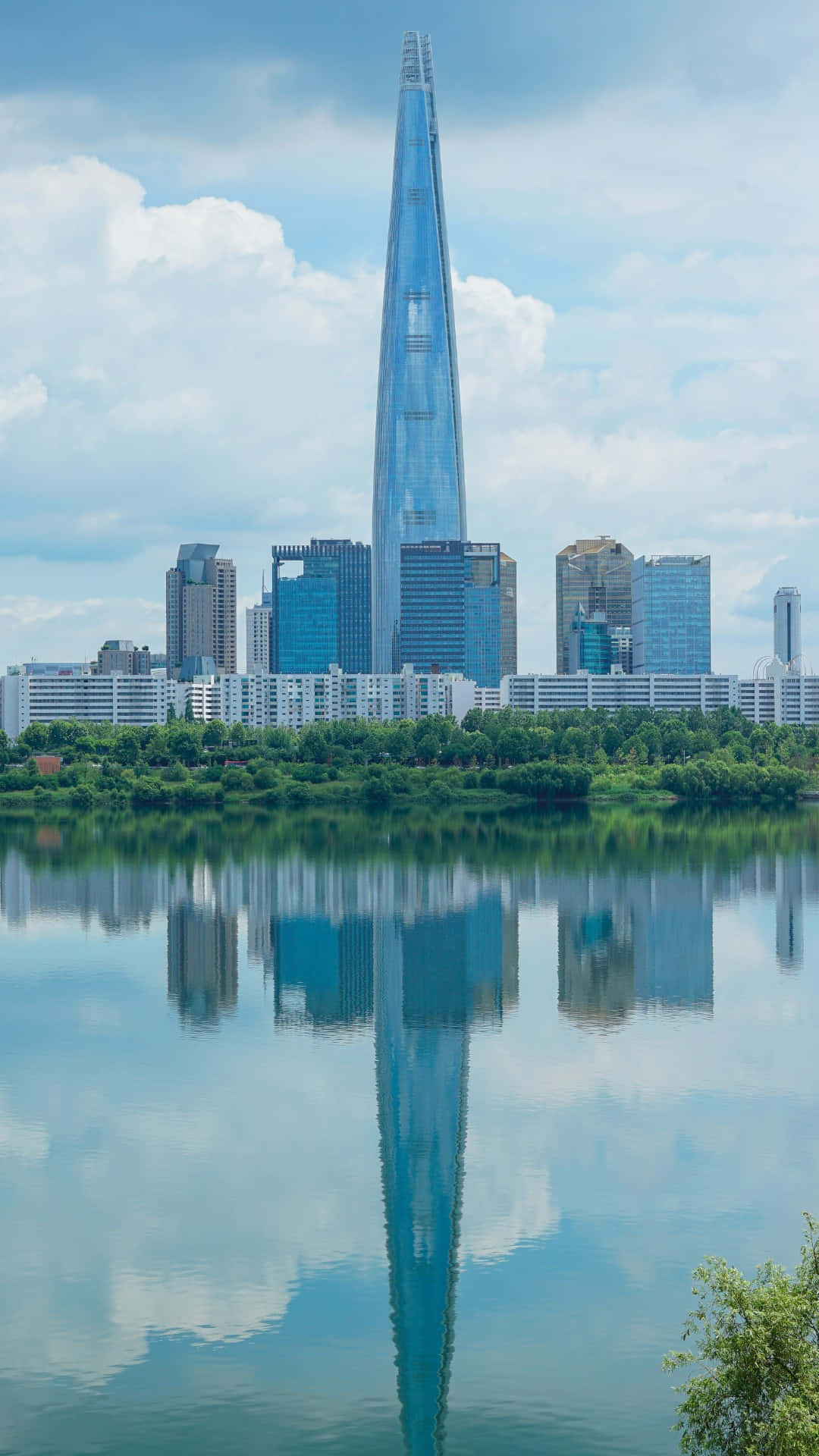 Lotte World Tower, calm water, lush green trees, Full HD Phone Wallpaper