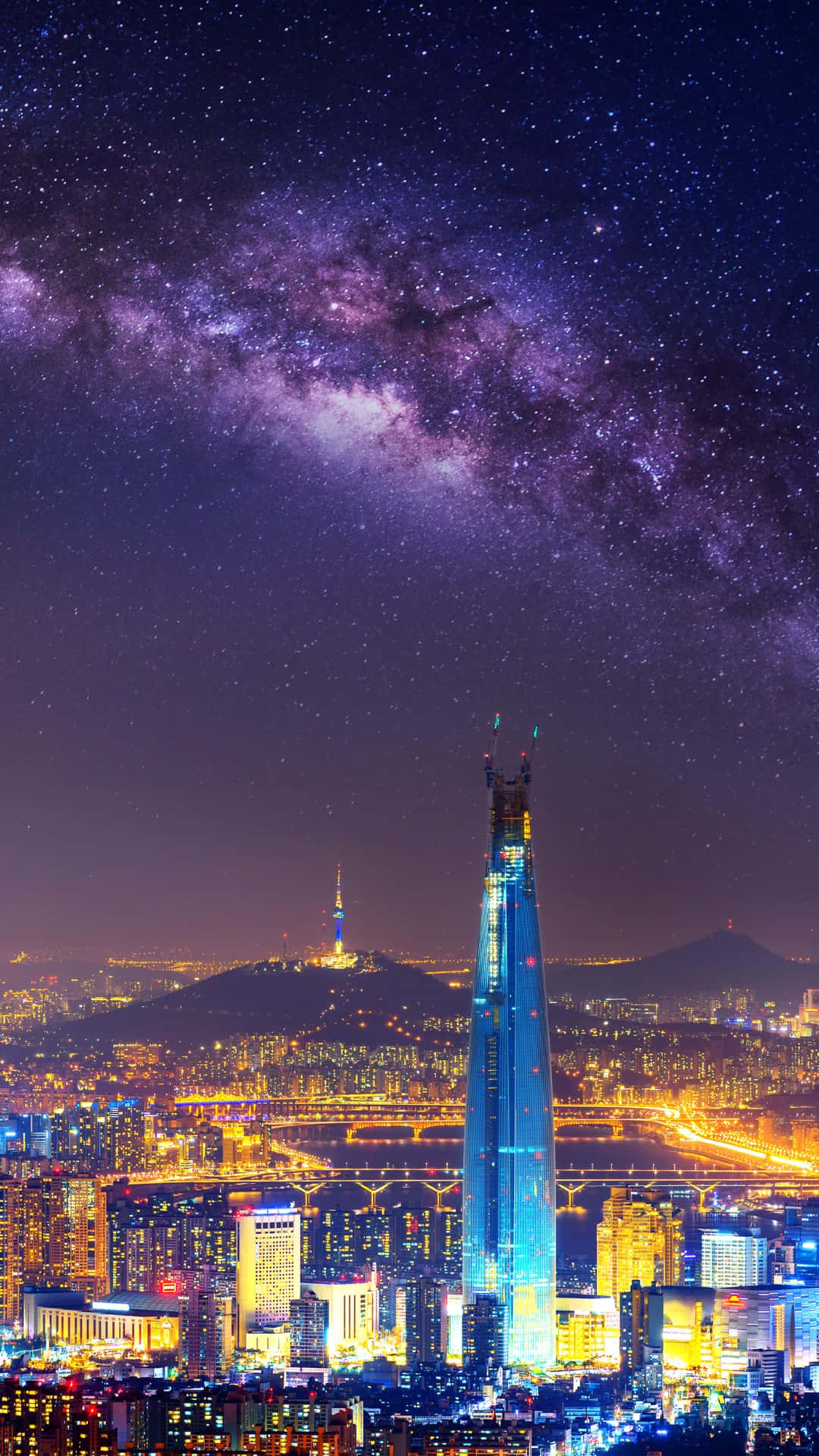 Lotte World Tower, night skyline, glowing blue, Full HD Phone Wallpaper
