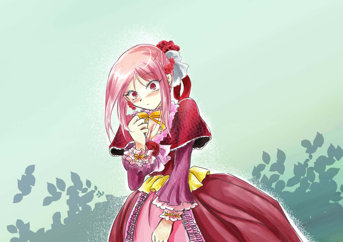 Lottie Baskerville, pink-haired anime girl, red and yellow dress, SD Desktop Wallpaper
