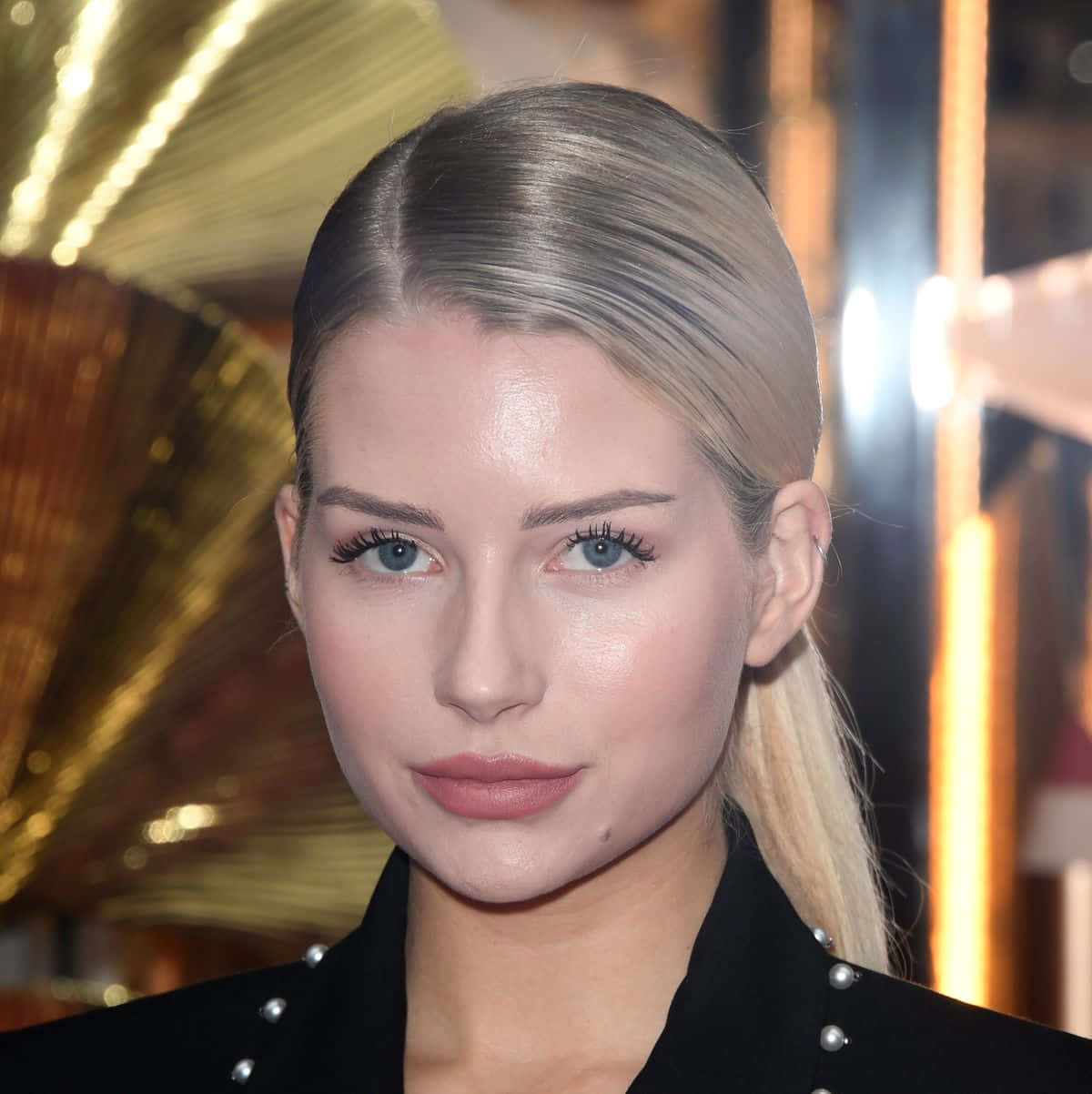 Lottie Moss, black pearl-adorned jacket, golden bokeh background, SD Phone Wallpaper