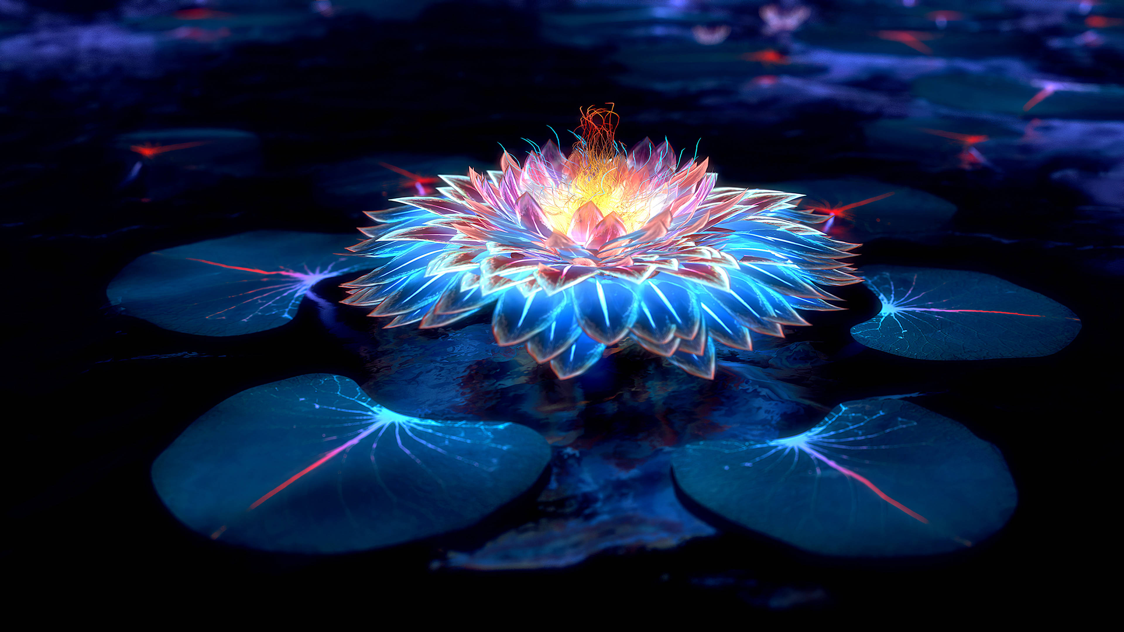 neon lotus, electric blue, pink, 4K Desktop Wallpaper