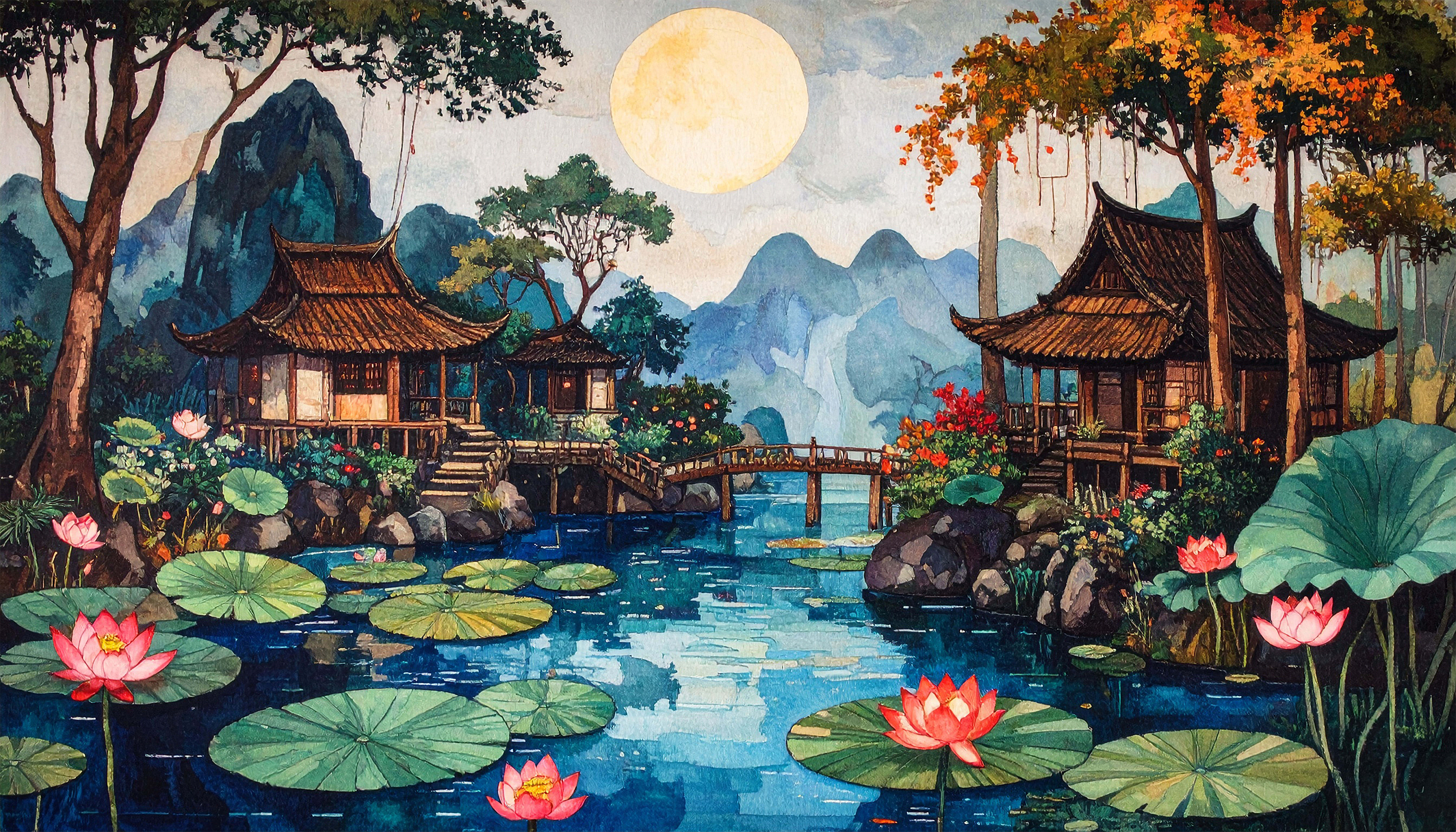 moonlit pond, pink lotuses, green lily pads, 8K Desktop Wallpaper