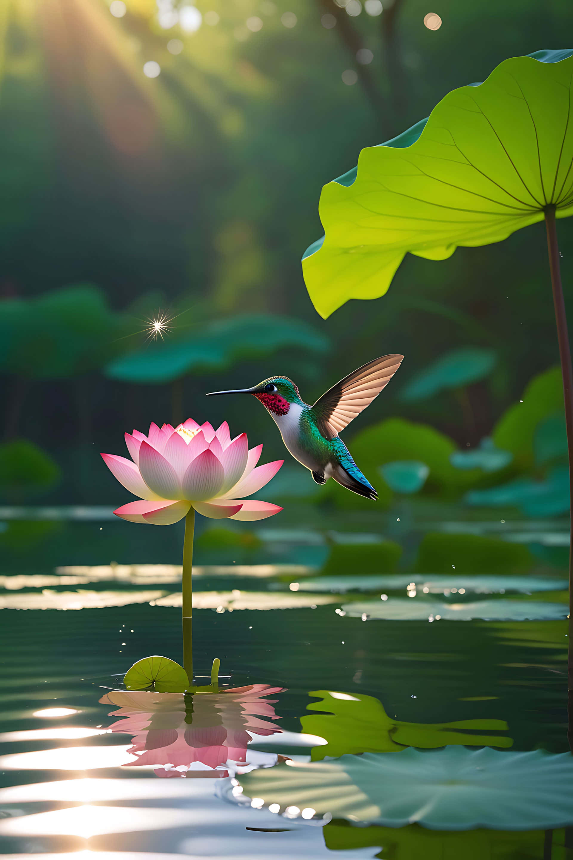hummingbird, pink lotus flower, sunlit water, 2K Phone Wallpaper