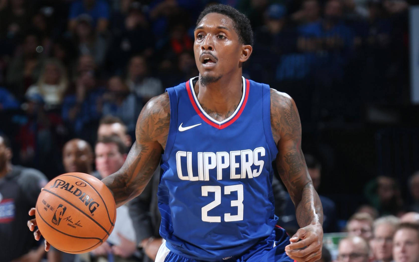 Lou Williams, bright blue Clippers jersey, orange Spalding ball, HD Desktop Wallpaper