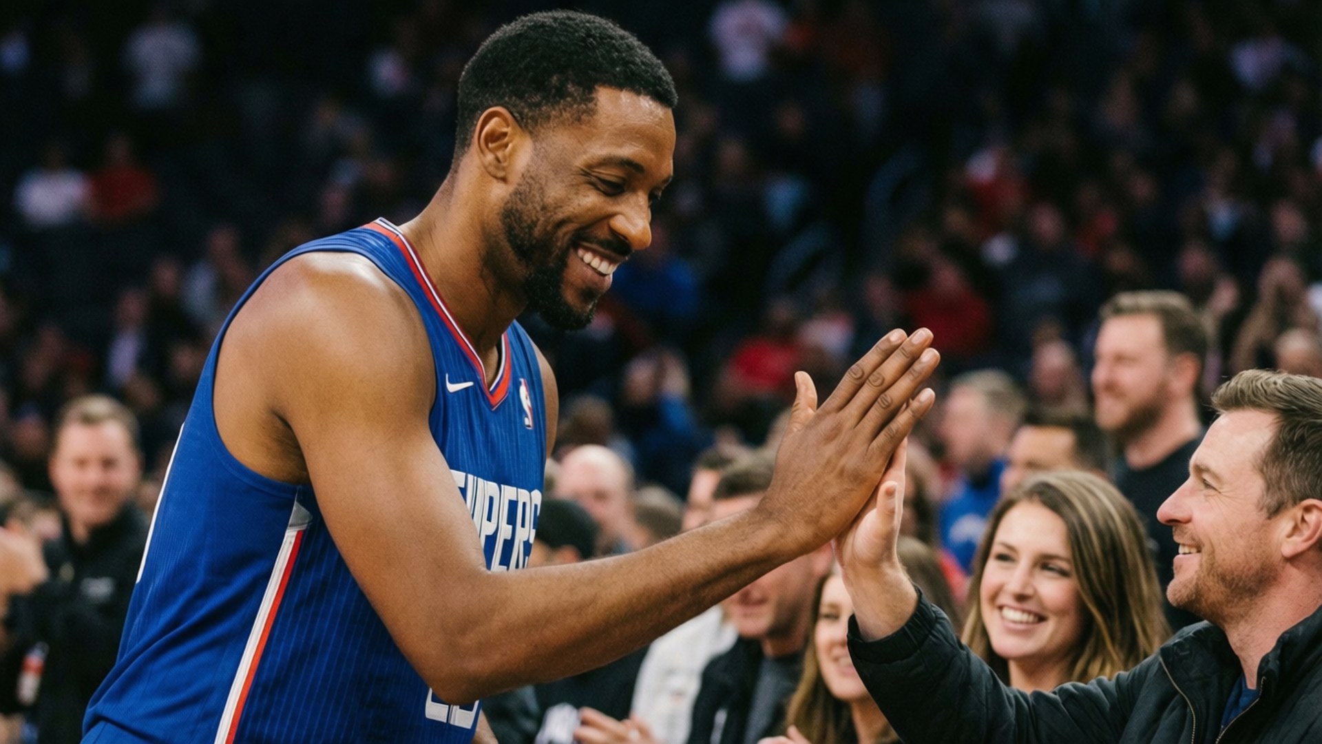 basketball player, blue Clippers jersey, high fives a fan, Full HD Desktop Wallpaper