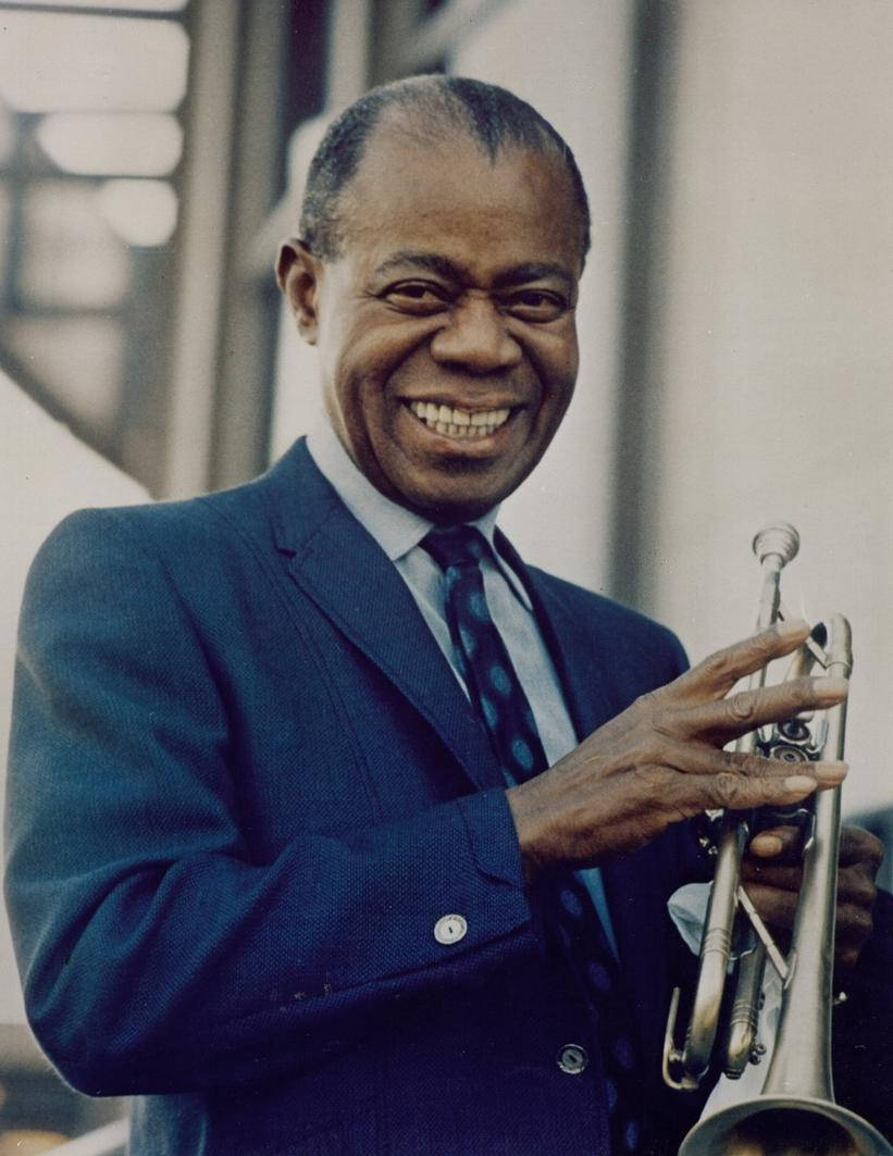 Louis Armstrong, blue suit, jazz trumpeter, SD Phone Wallpaper
