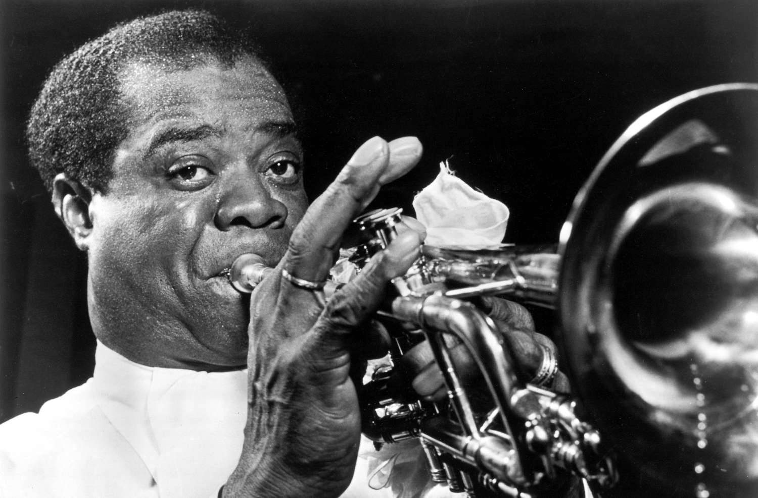 Louis Armstrong, jazz trumpeter, black and white photo, HD Desktop Wallpaper