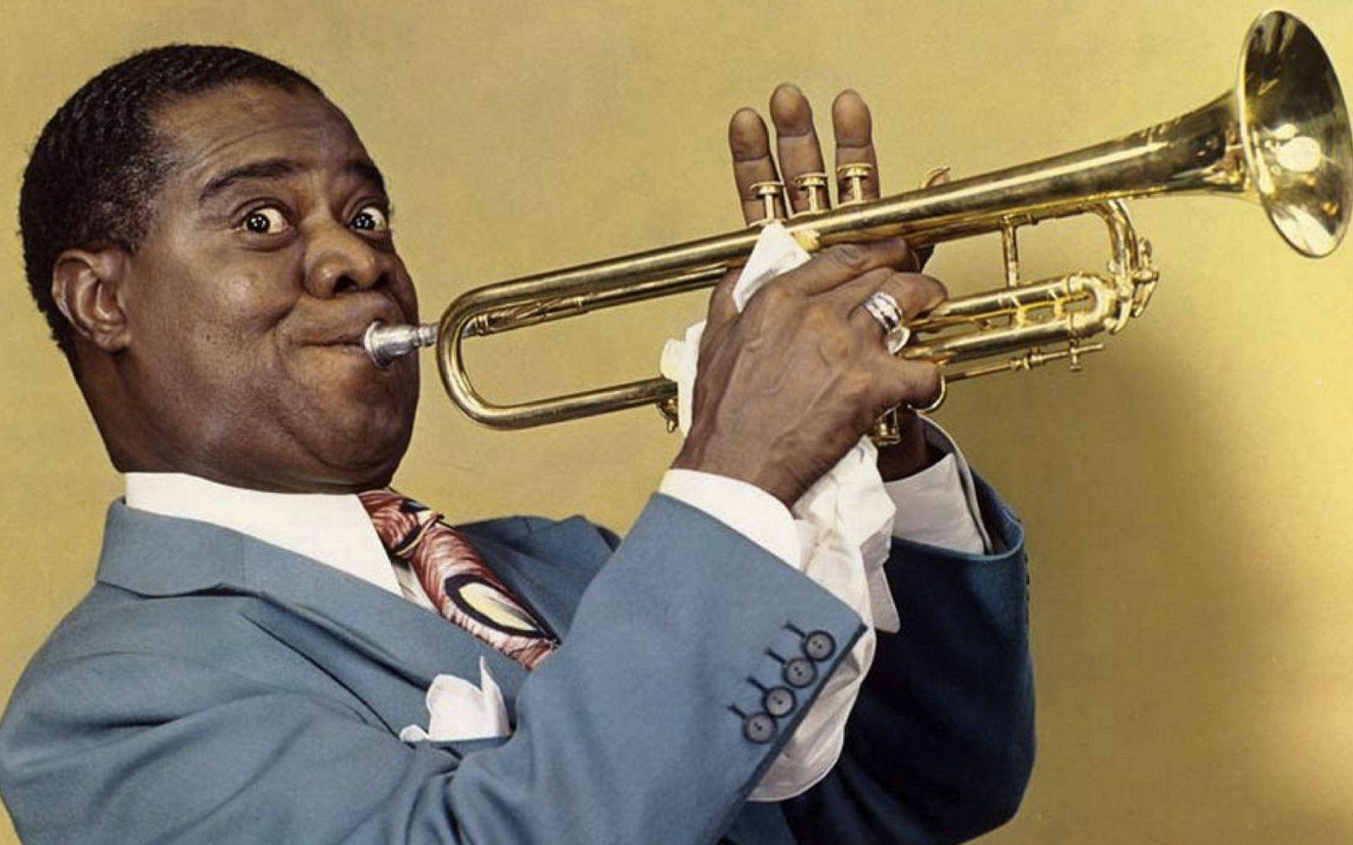 Louis Armstrong, jazz trumpeter, blue suit, Full HD Desktop Wallpaper