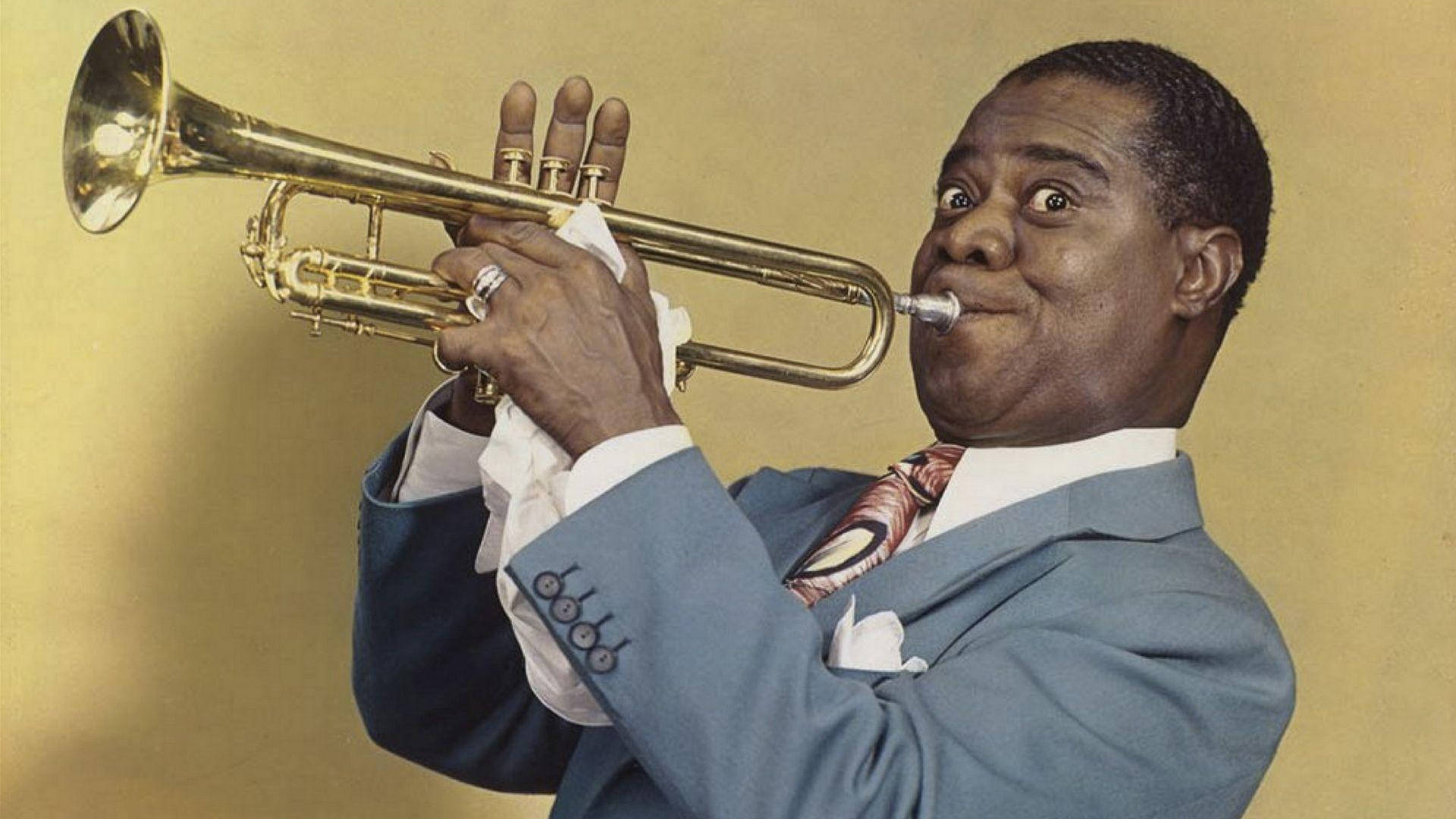 Louis Armstrong, blue suit, brass instrument, Full HD Desktop Wallpaper