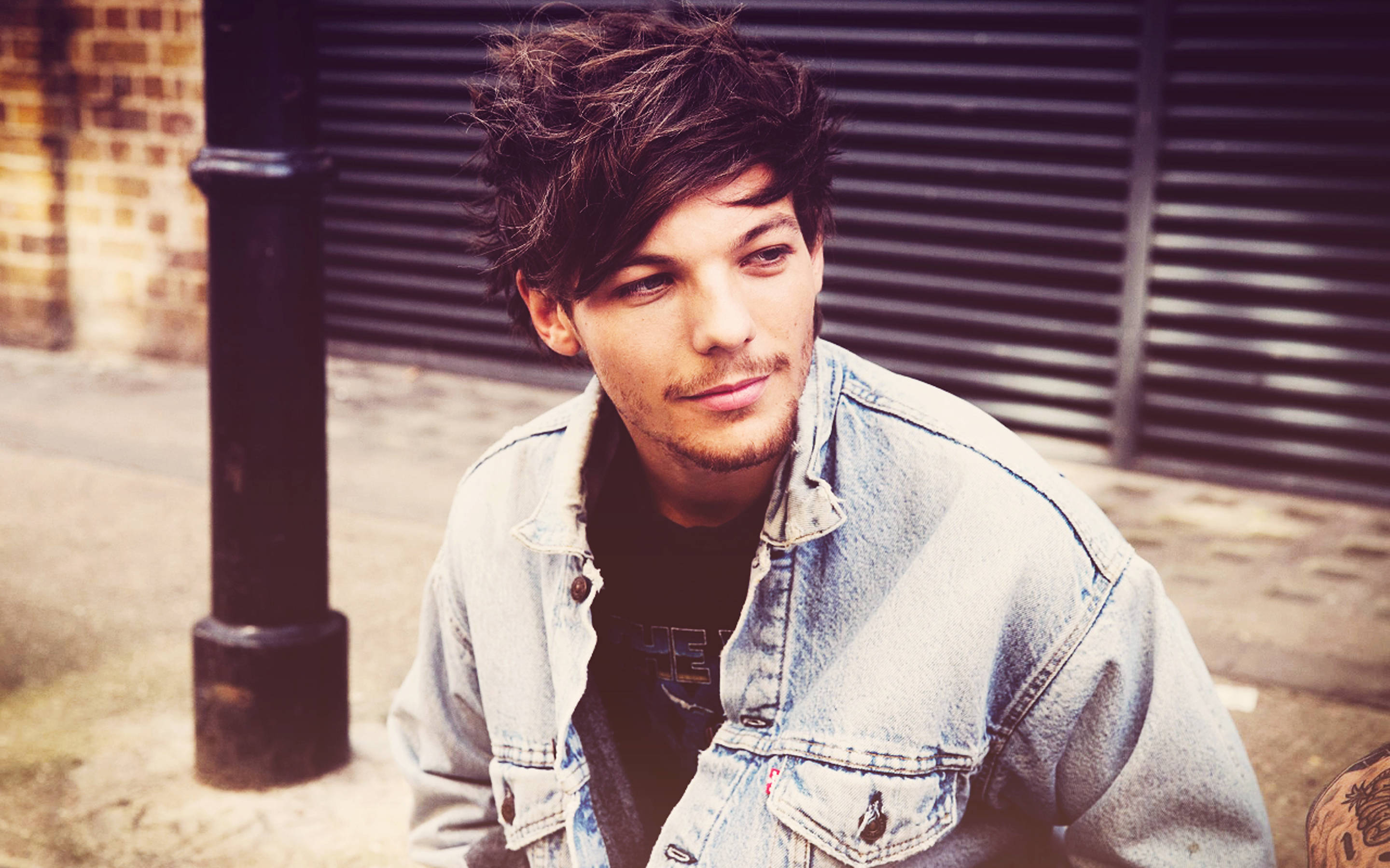 Louis Tomlinson, denim jacket, brick wall, 2K Desktop Wallpaper