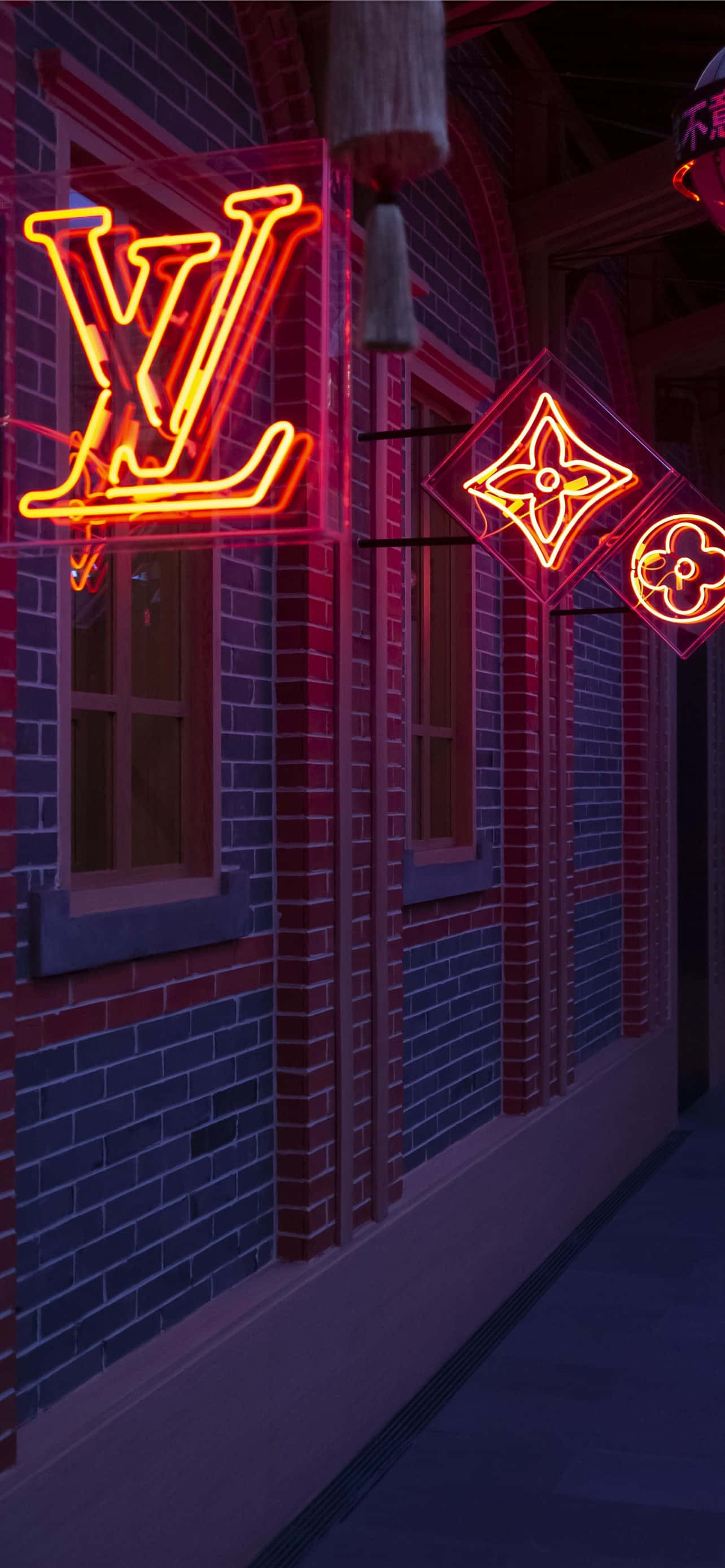 Louis Vuitton, neon signs, brick building facade, 2K Phone Wallpaper