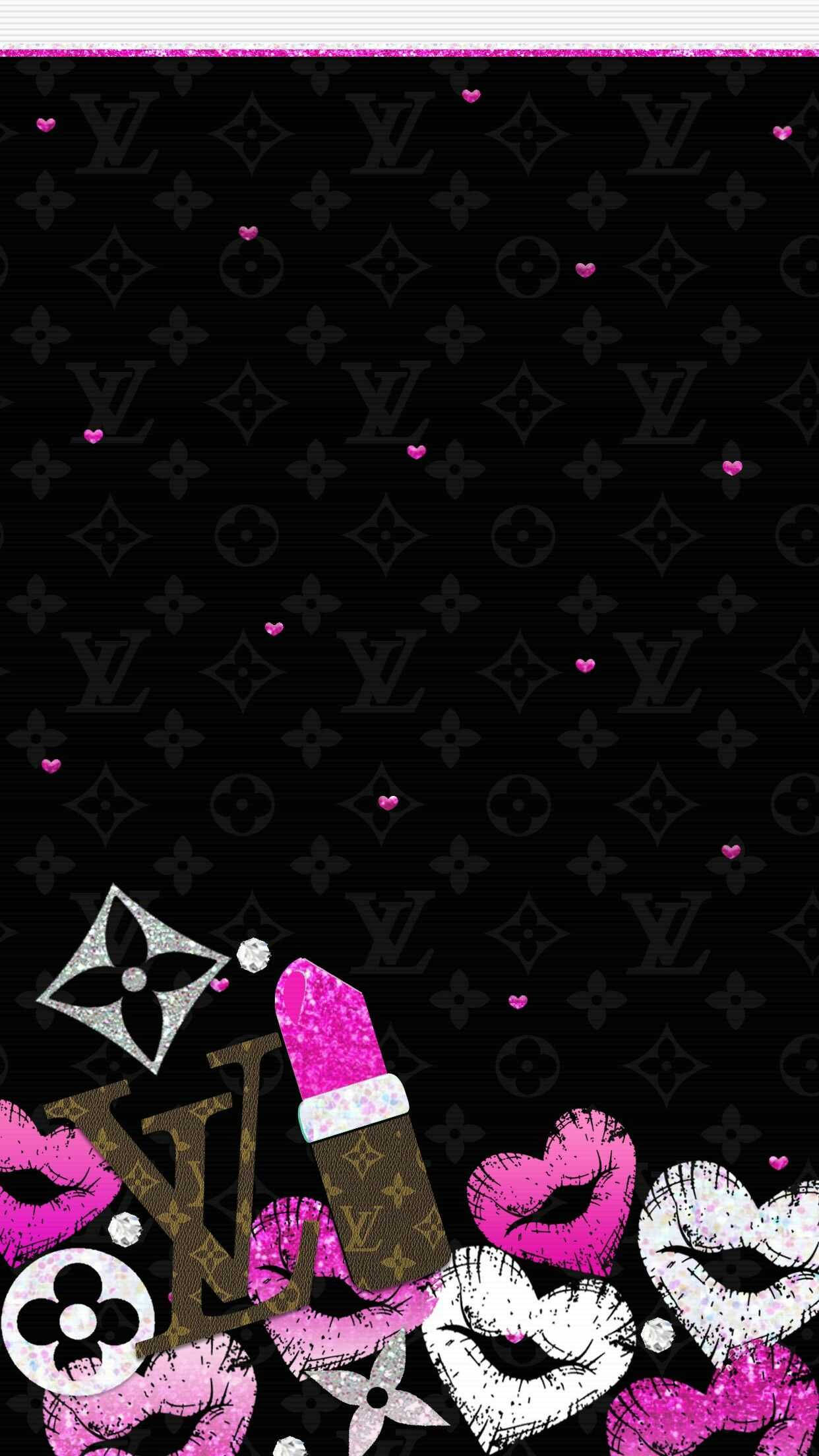 Louis Vuitton, monogram pattern, glittery pink lips, Full HD Phone Wallpaper