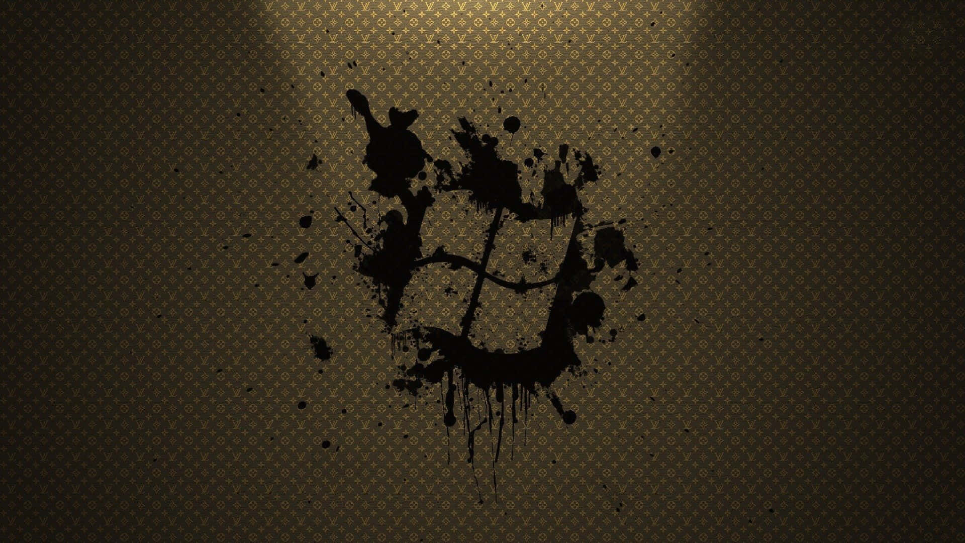 Louis Vuitton, black ink splatter, textured gold background, Full HD Desktop Wallpaper