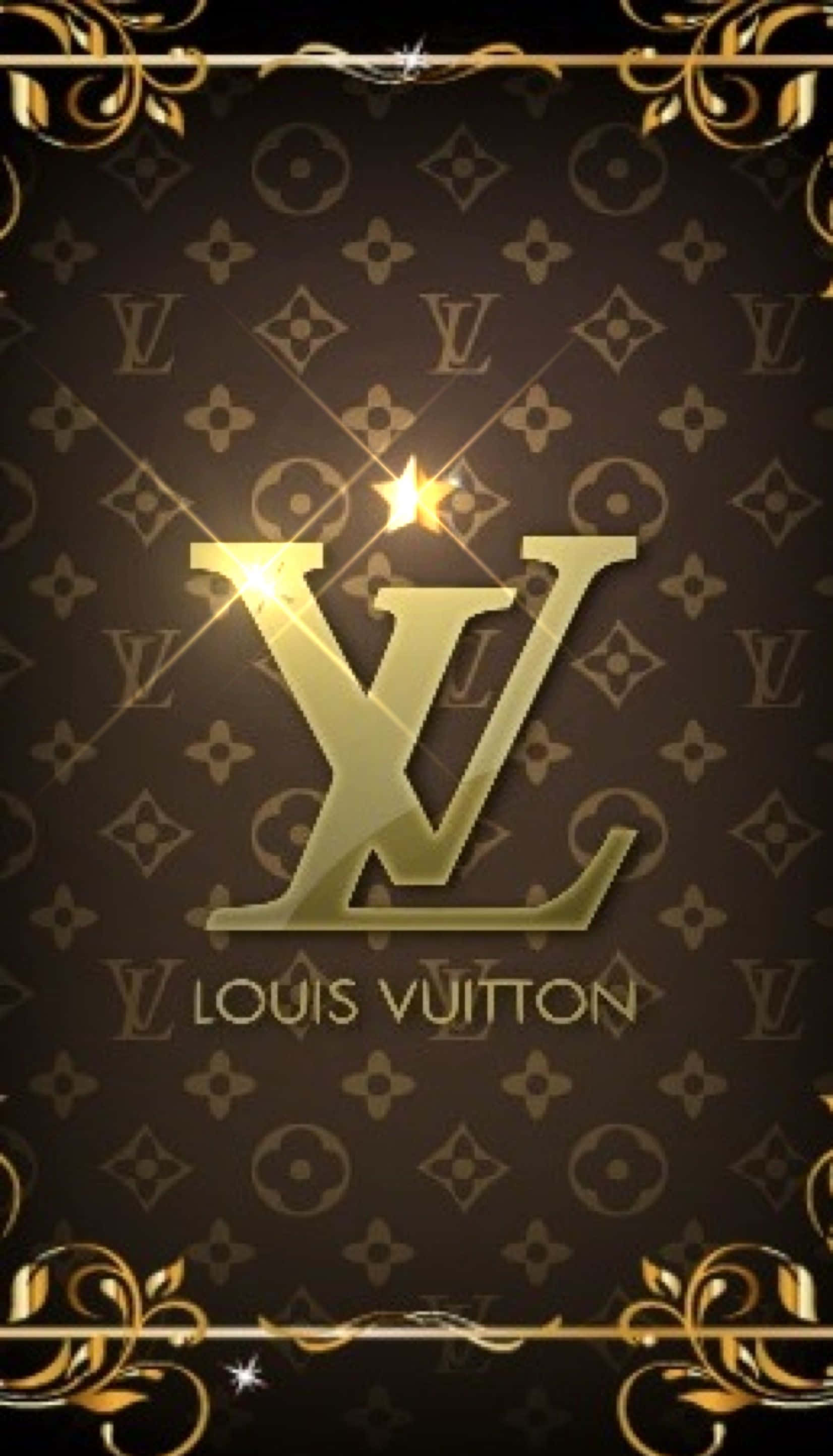 Louis Vuitton iPhone, golden Louis Vuitton logo, dark brown monogram background, 2K Phone Wallpaper