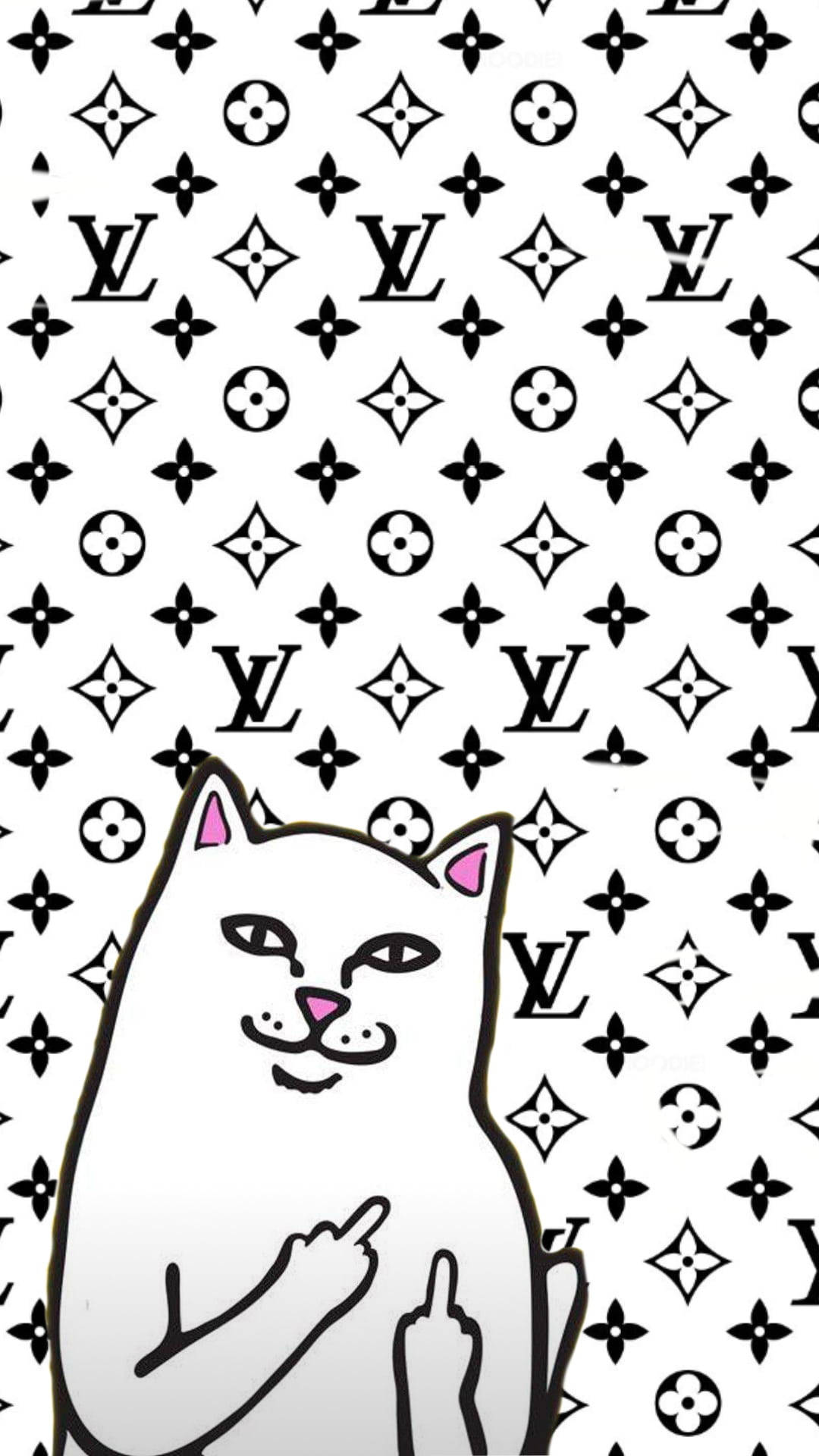 Louis Vuitton, black and white Louis Vuitton monogram pattern, cartoon cat, Full HD Phone Wallpaper