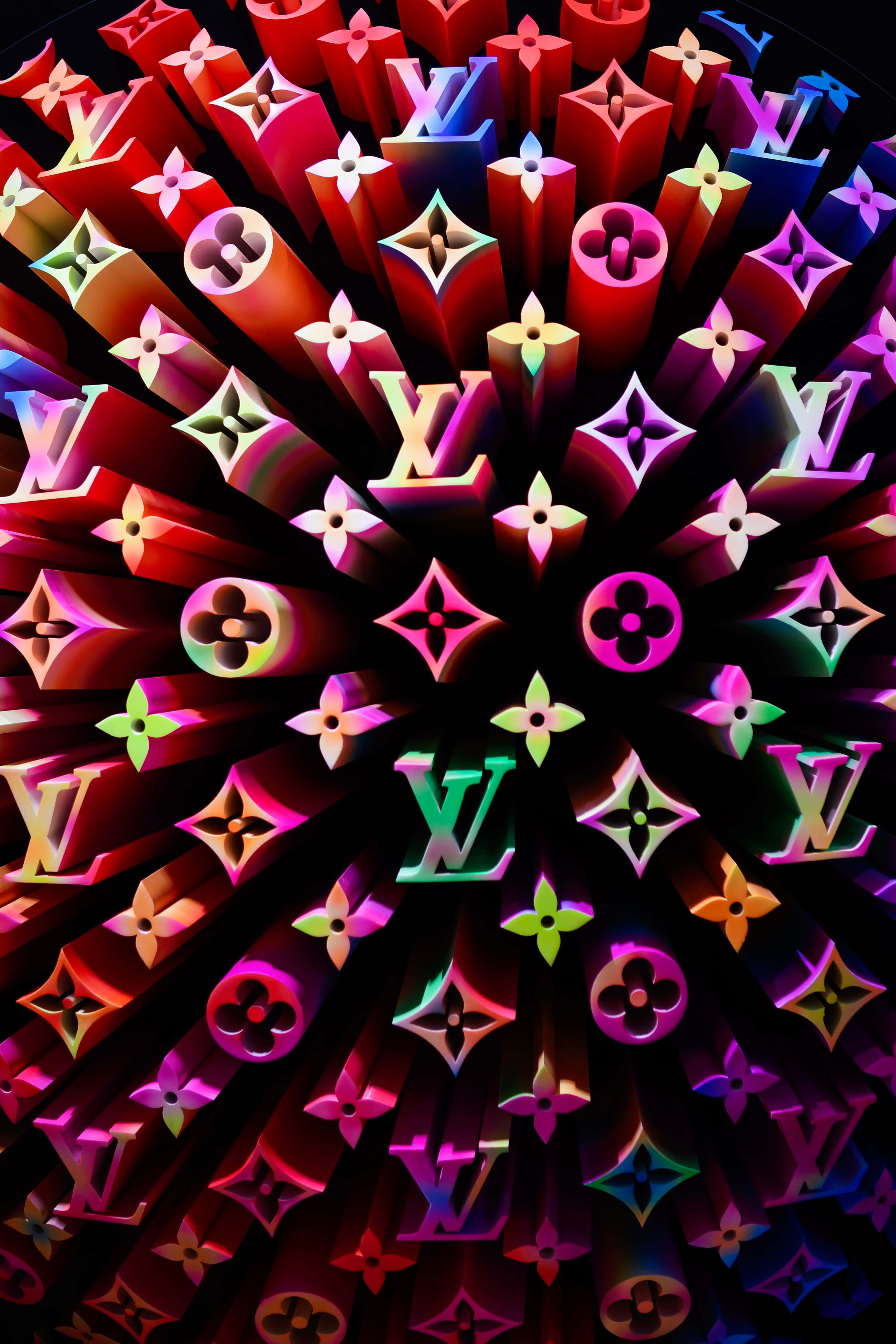 Louis Vuitton Pattern, neon logos, black background, 5K Phone Wallpaper