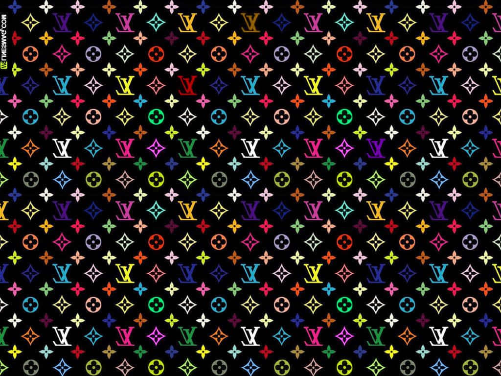 Louis Vuitton Print, black background, vibrant multicolored monogram logos, SD Desktop Wallpaper