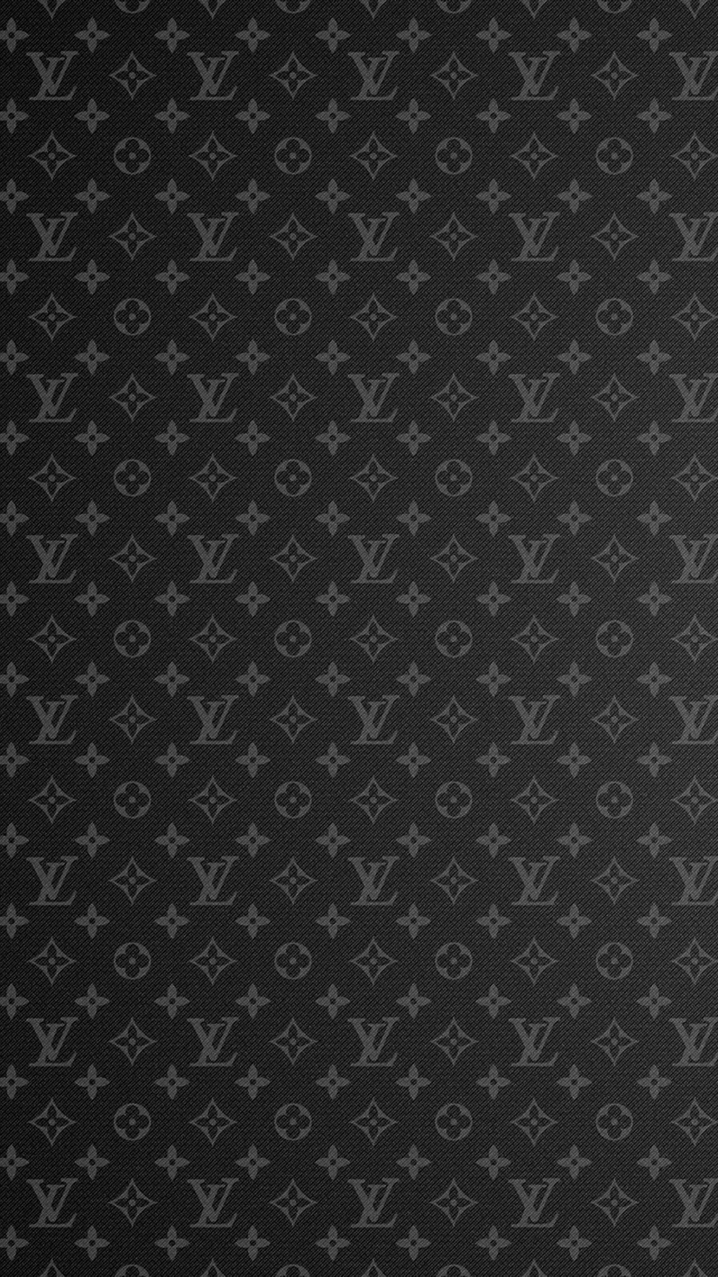 Louis Vuitton, monochrome repeating Louis Vuitton monogram pattern, textured black fabric background, 2K Phone Wallpaper