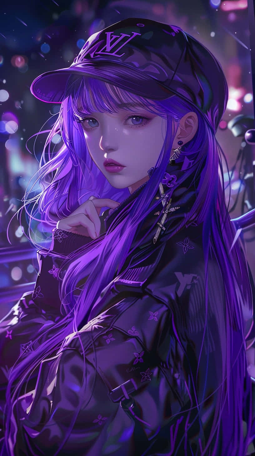 Louis Vuitton Purple, cyberpunk anime girl, long purple hair, HD Phone Wallpaper