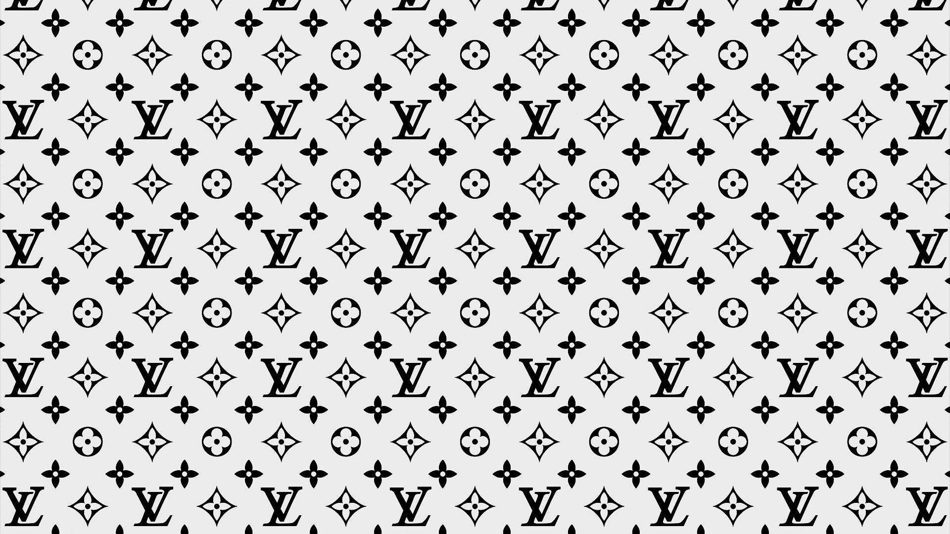Louis Vuitton, black and white Louis Vuitton monogram pattern, light gray background, Full HD Desktop Wallpaper