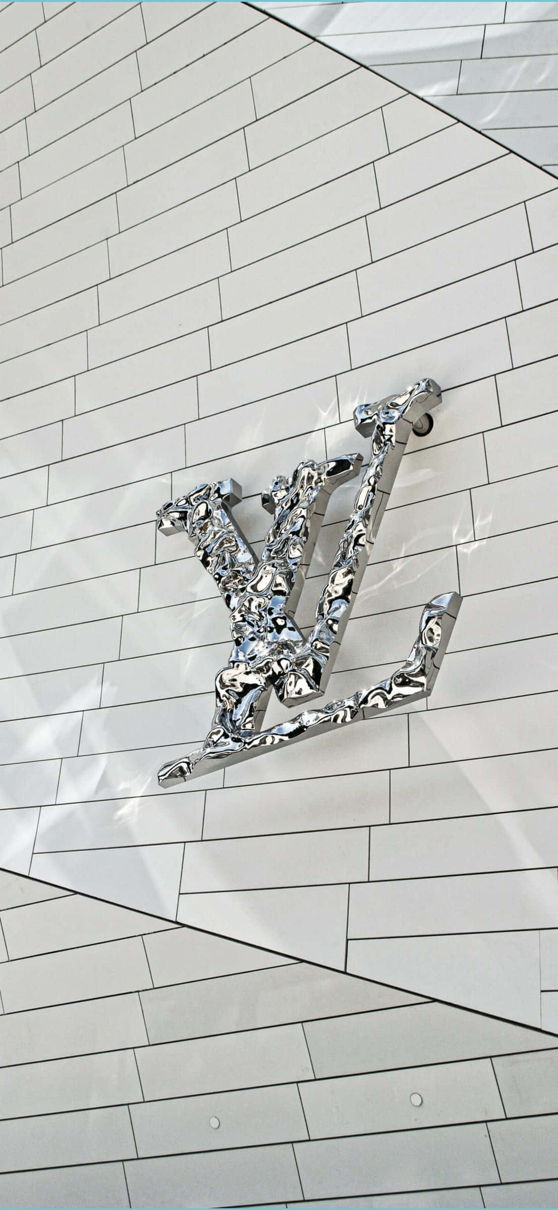 Louis Vuitton, shiny chrome logo, white tiled wall, Full HD Phone Wallpaper