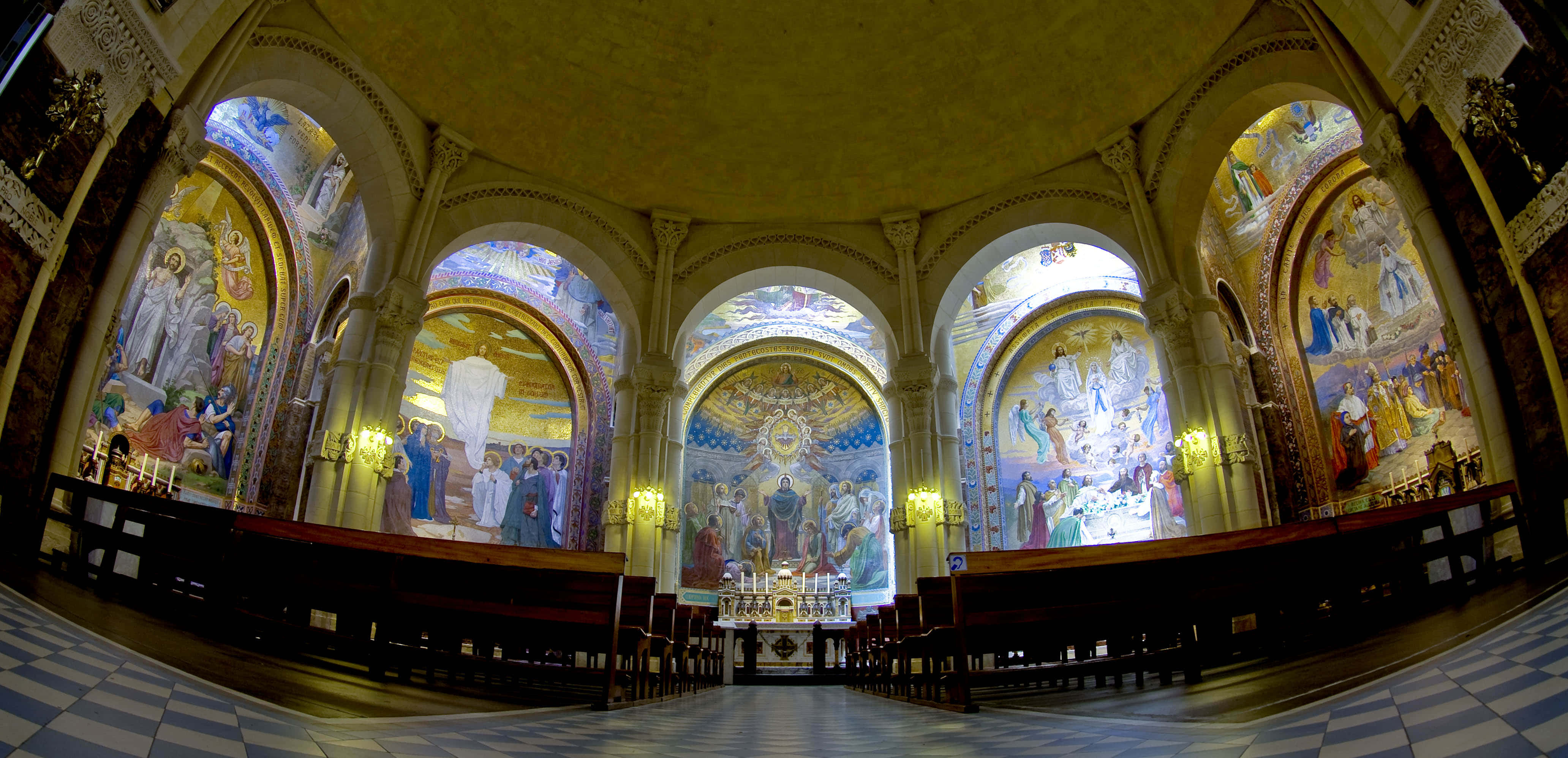 Lourdes Sanctuary, fisheye view, grand church interior, 4K Desktop Wallpaper