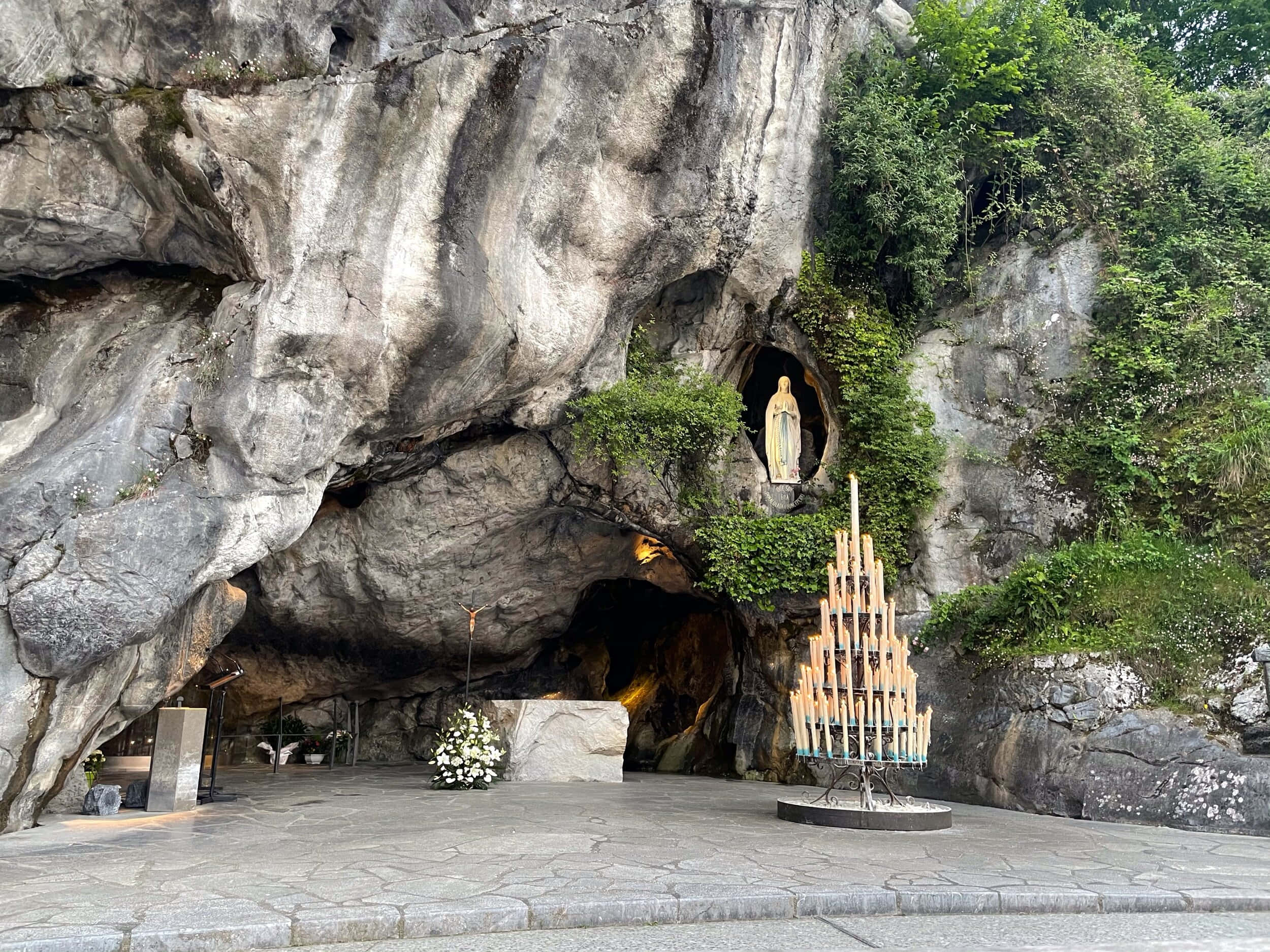 Lourdes Sanctuary, dusk, stone grotto, Full HD Desktop Wallpaper