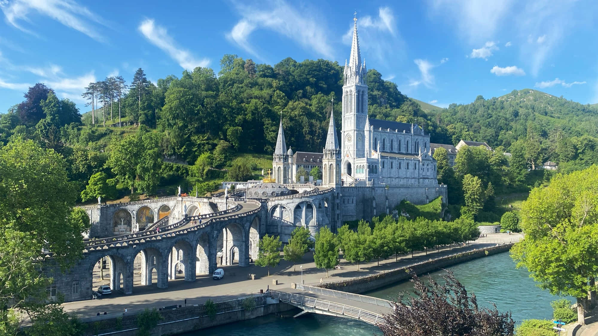 Lourdes Sanctuary, stone abbey, spires, Full HD Desktop Wallpaper