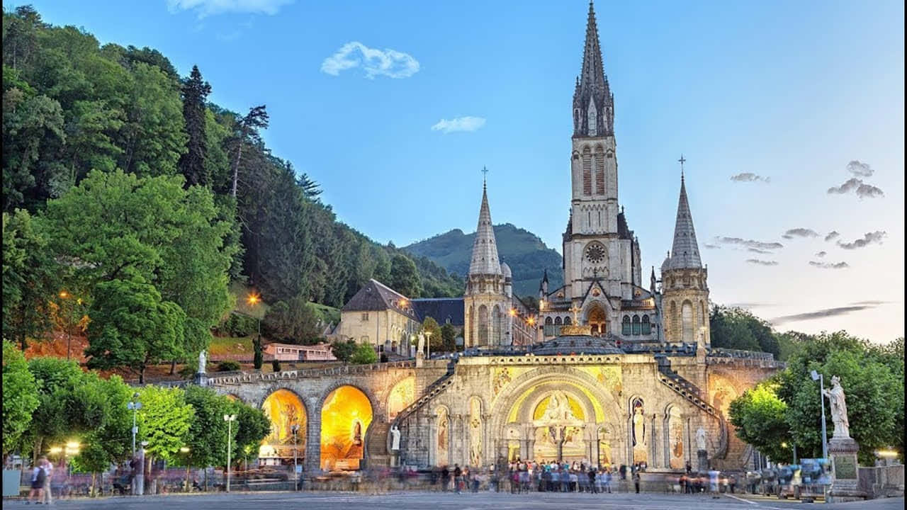 Lourdes Sanctuary, dusk view, stone cathedral, HD Desktop Wallpaper