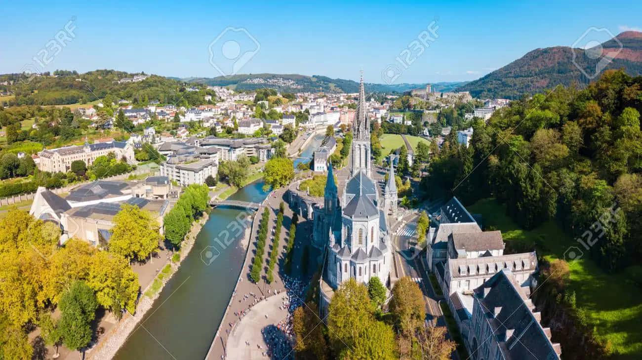 Lourdes Sanctuary, aerial view, historic cathedral, HD Desktop Wallpaper