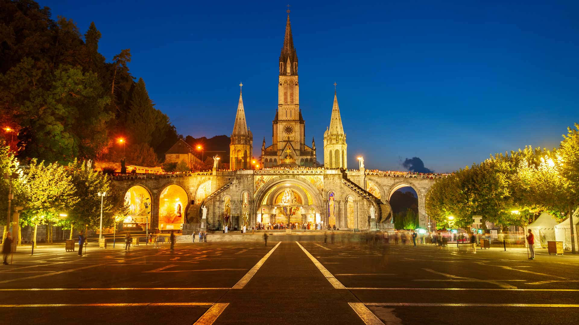 Lourdes Sanctuary, night view, gothic cathedral, Full HD Desktop Wallpaper