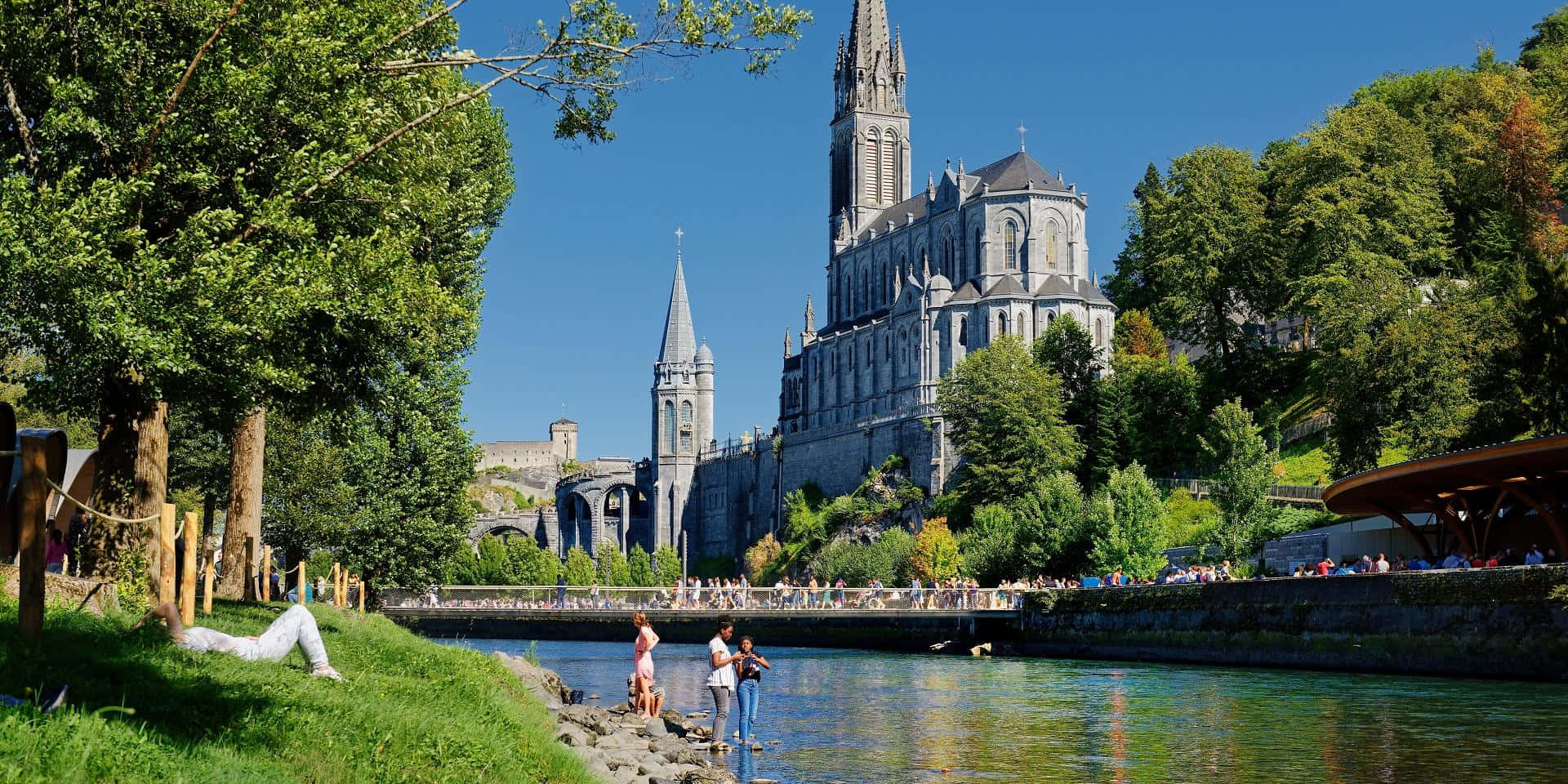 Lourdes Sanctuary, river, stone cathedral, Full HD Desktop Wallpaper