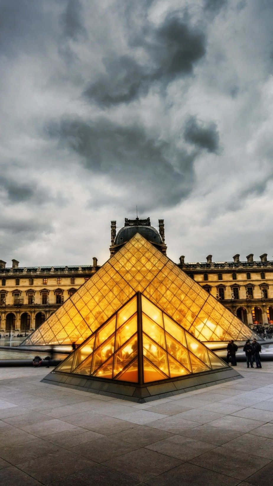 Louvre Museum, glass pyramid, dramatic cloudy sky, HD Phone Wallpaper